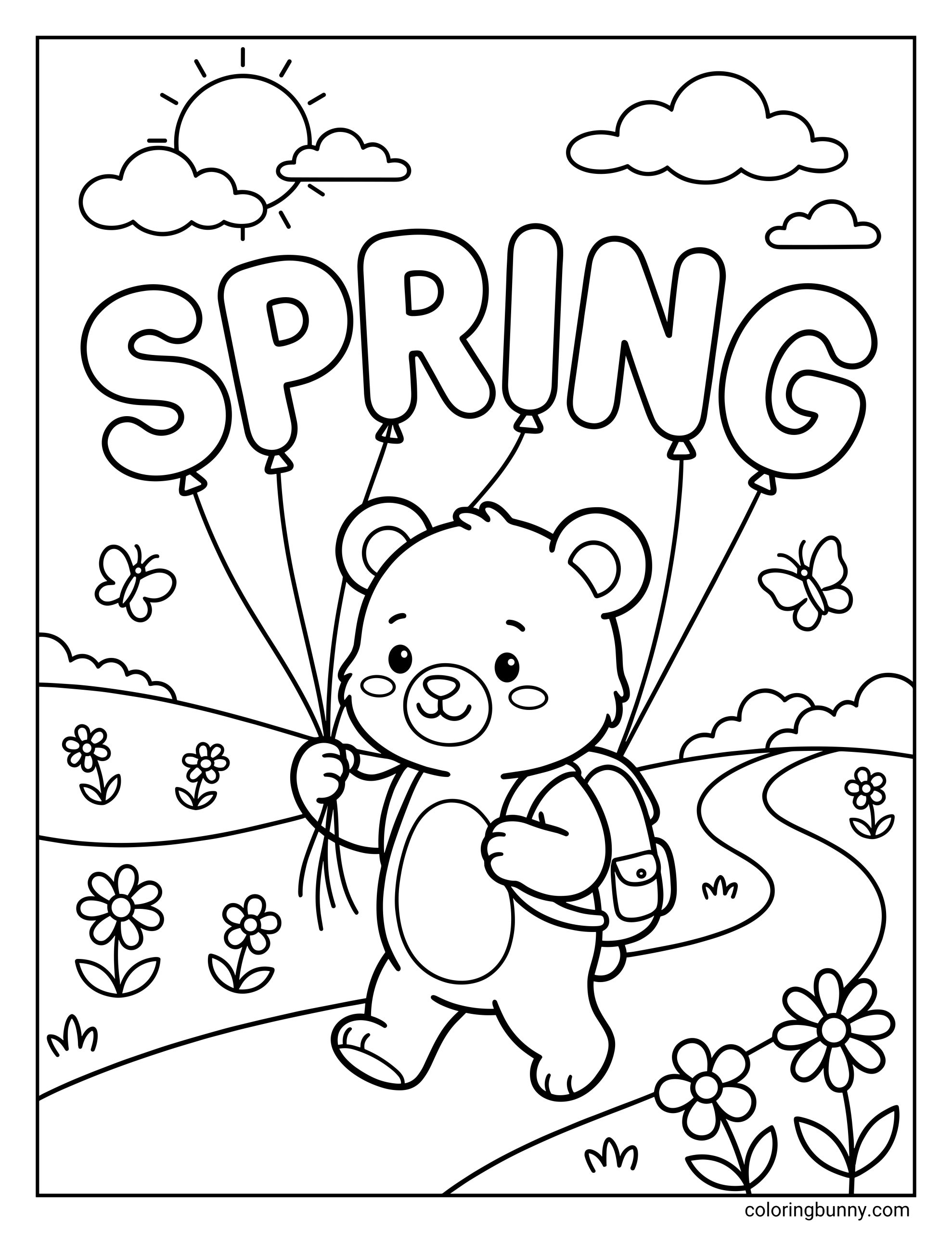 A Spring coloring page featuring the text "SPRING" below a happy bear cub walking outdoors for the first time, holding a bunch of spring-themed balloons.