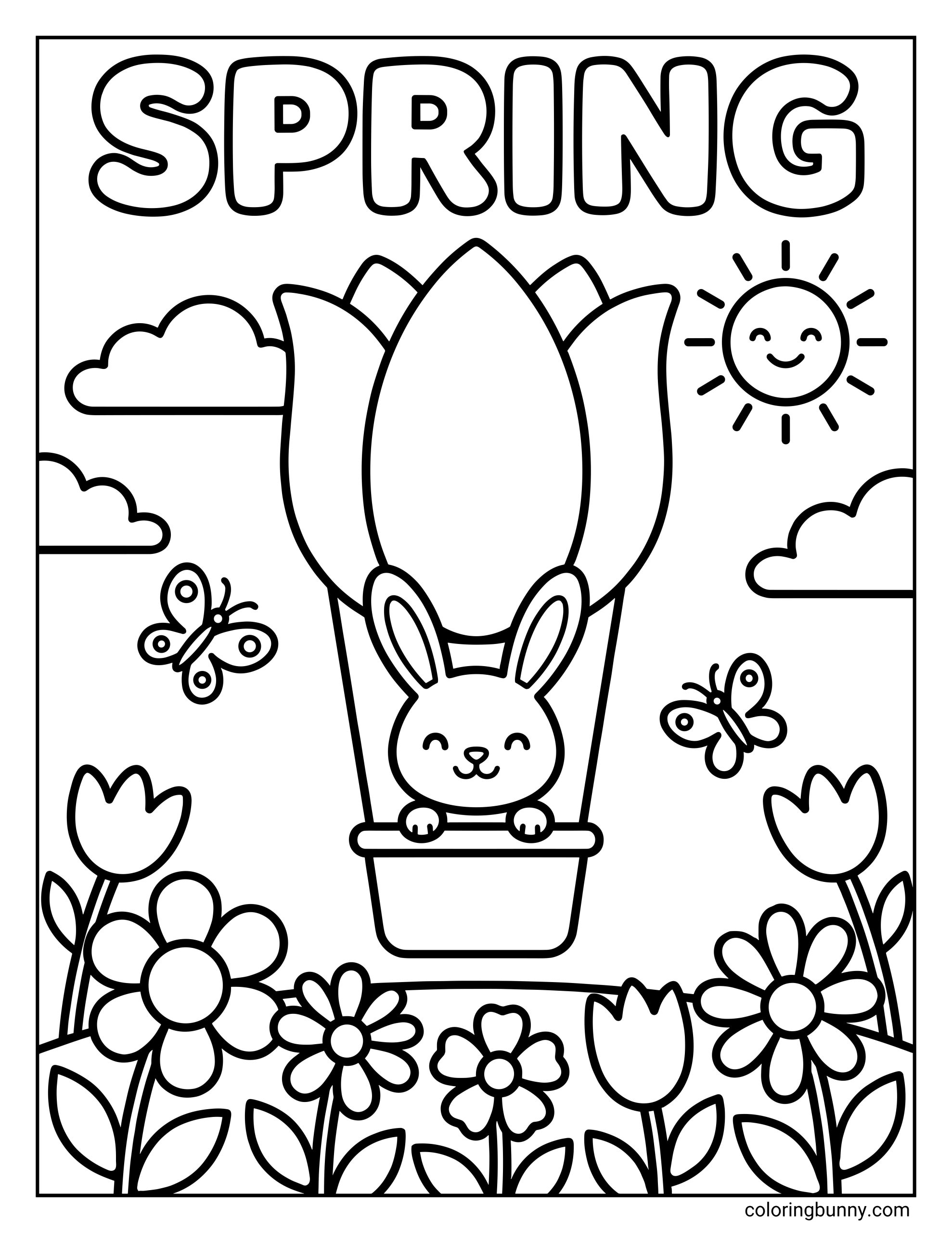 A Spring coloring page featuring the text "SPRING" above a rabbit named Flora riding inside a tulip-shaped hot air balloon, surrounded by butterflies and flowers.