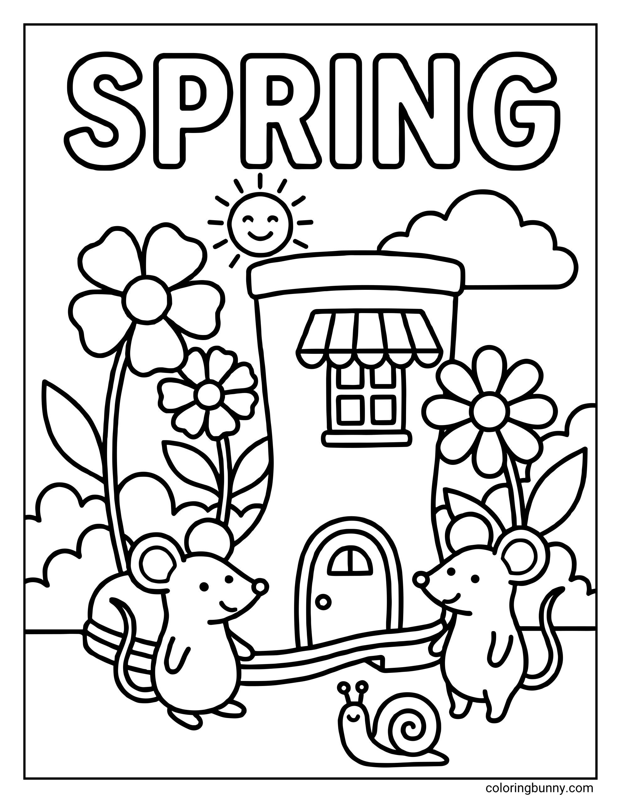 A cute Spring coloring page featuring the text "SPRING" above two mice standing in front of a boot house with a window and door, surrounded by flowers and a snail.