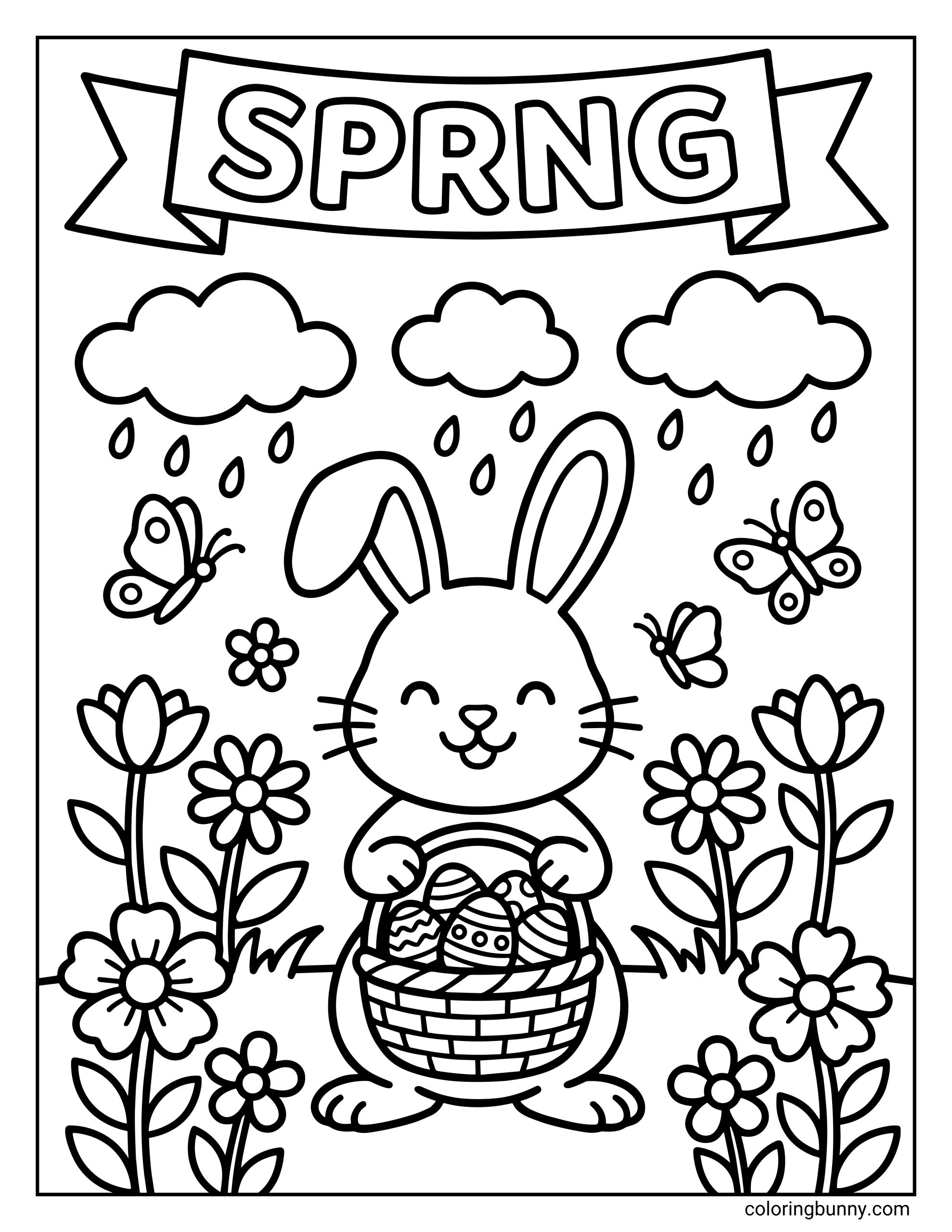 A Spring coloring page with a banner with text above a rabbit holding a basket of decorated Easter eggs, surrounded by rain clouds, butterflies, and blooming flowers.