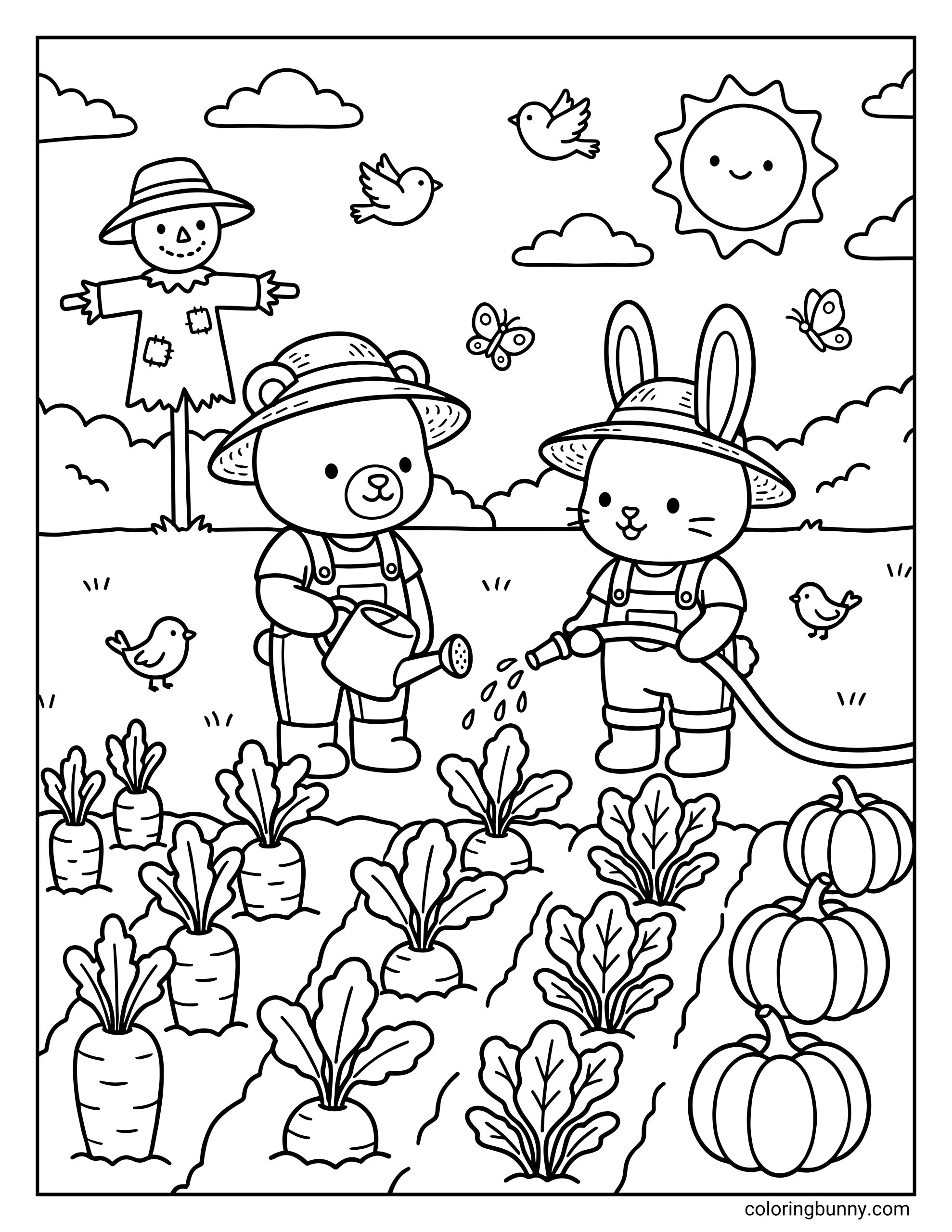 A detailed Spring coloring sheet depicting a bear with a watering can and a rabbit with a hose tending to a vegetable garden full of carrots and pumpkins under a smiling sun.