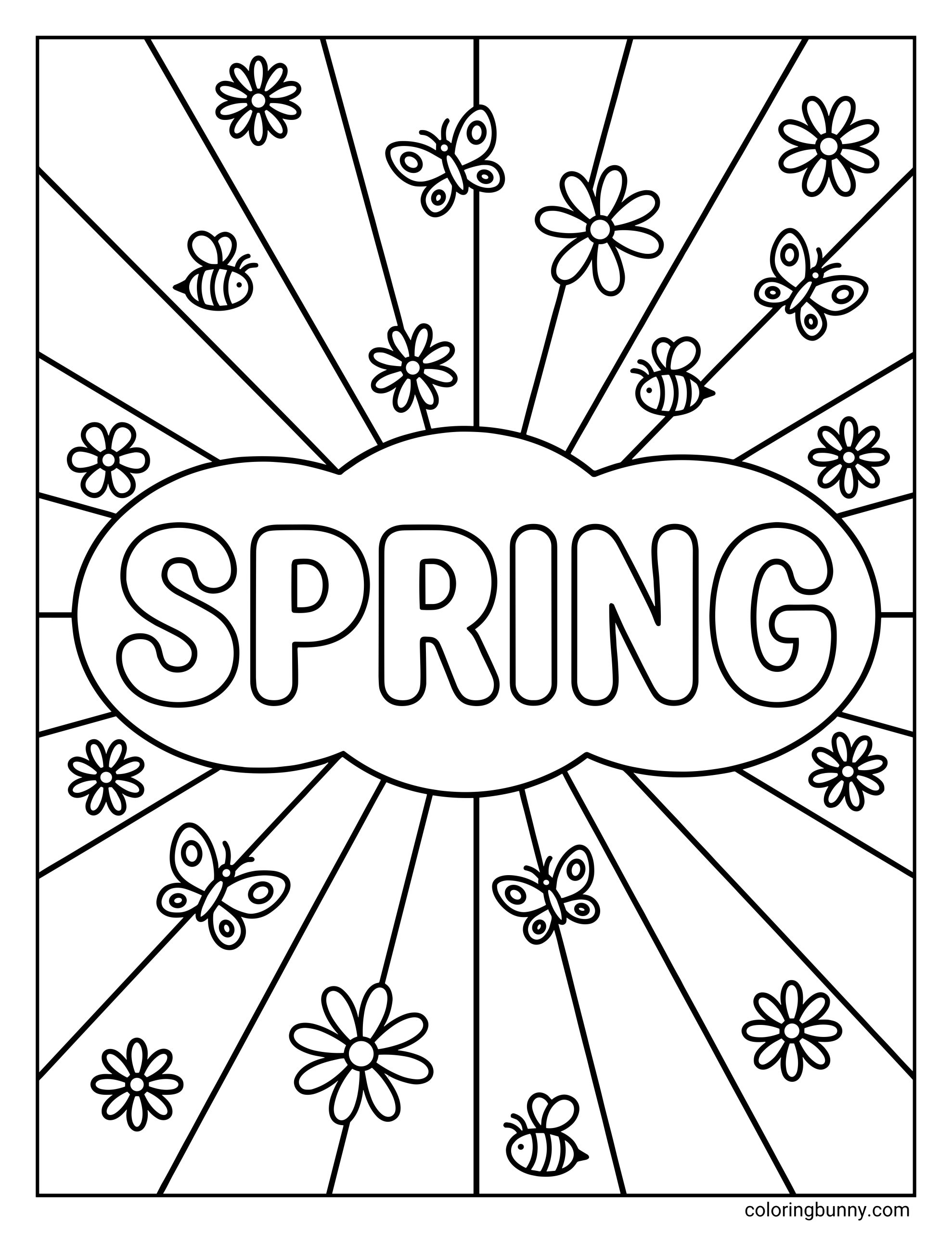 A coloring page of the word "SPRING" inside a central cloud shape, with radiating sunburst lines in the background filled with daisies, butterflies, and bees.