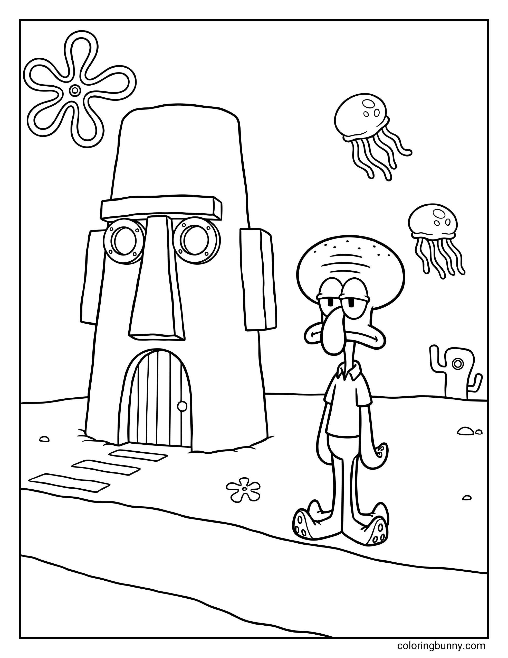 A coloring page of a grumpy Squidward standing in front of his rock house with jellyfish floating in the background.