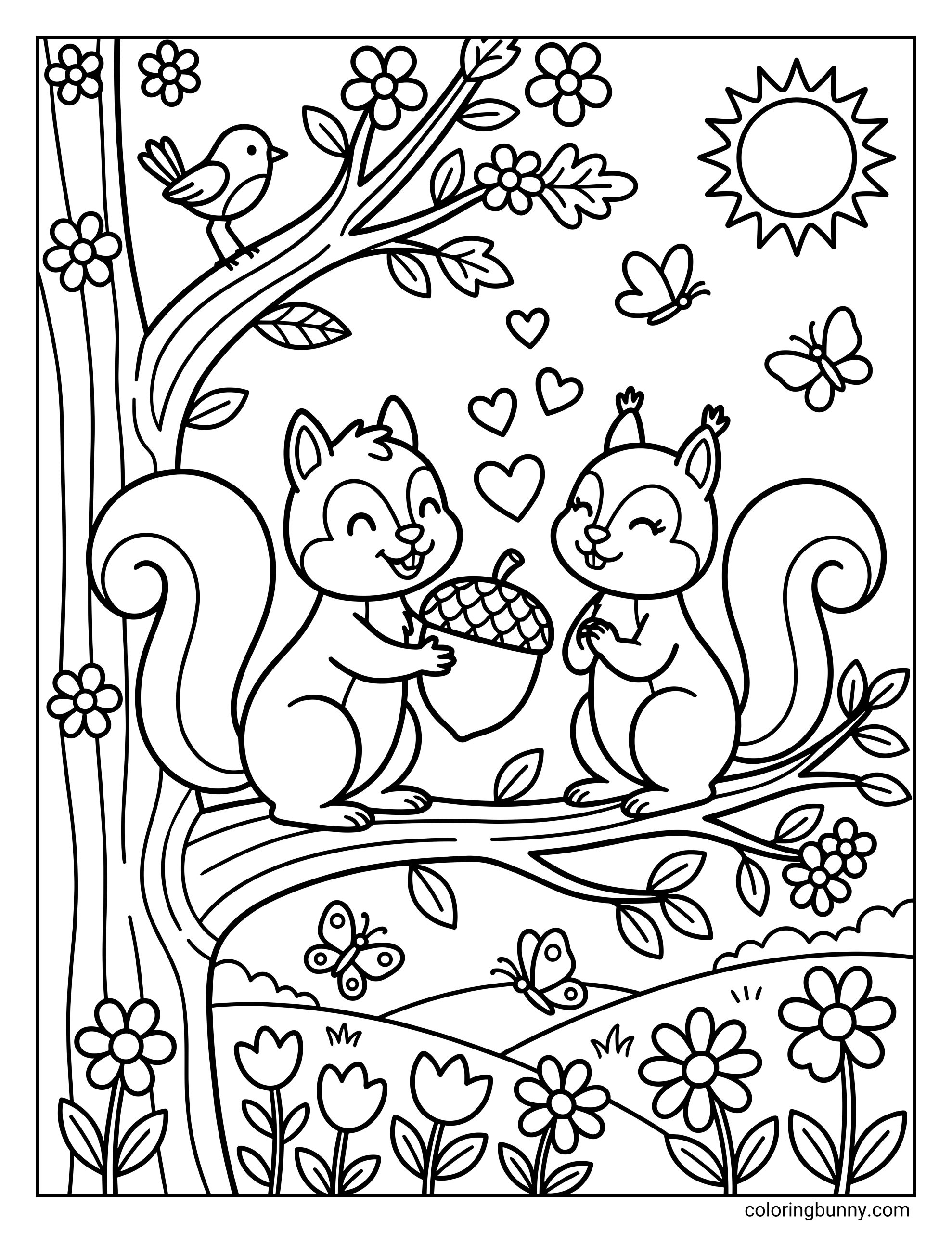 A Spring coloring sheet of two squirrels sitting on a tree branch with floating hearts and a large acorn, surrounded by a bird, butterflies, and flowers.
