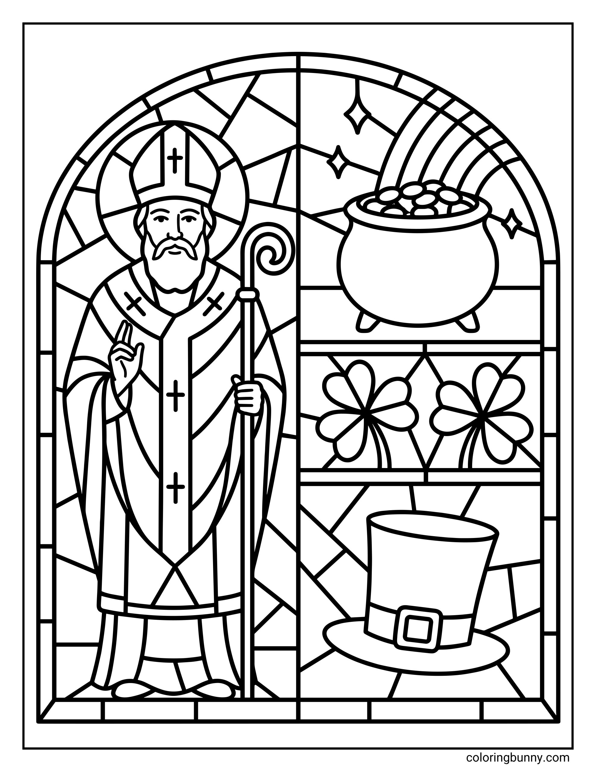 A stained glass style coloring page of St Patrick featuring a pot of gold, shamrocks, and a leprechaun hat, designed with bold black outlines and mosaic window shapes for a festive St Patrick’s Day coloring sheet.