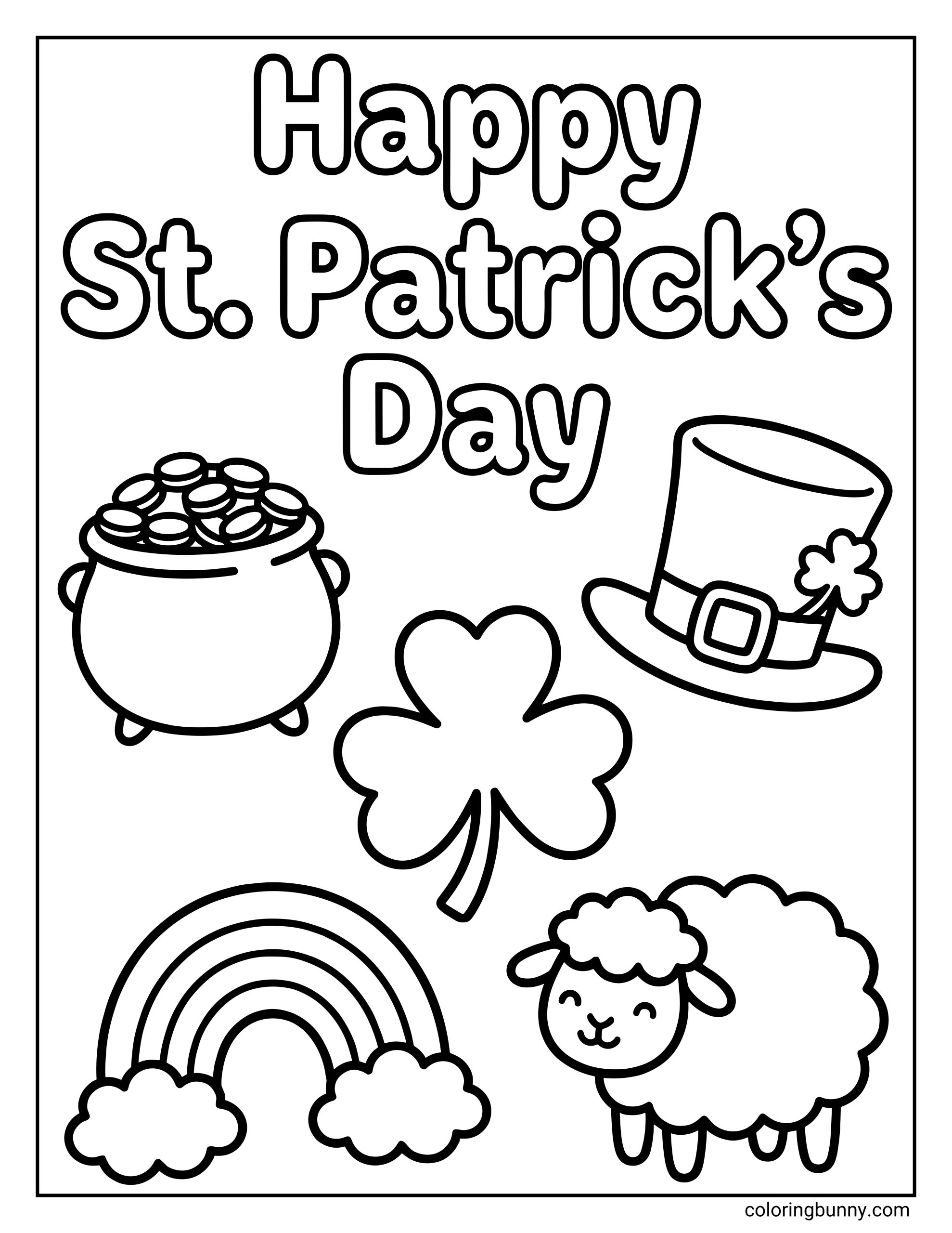 A kids coloring page of cheerful St Patrick’s Day items featuring a pot of gold, a lucky clover, a leprechaun hat, a rainbow with fluffy clouds, and a smiling sheep, all illustrated with thick, clean outlines.