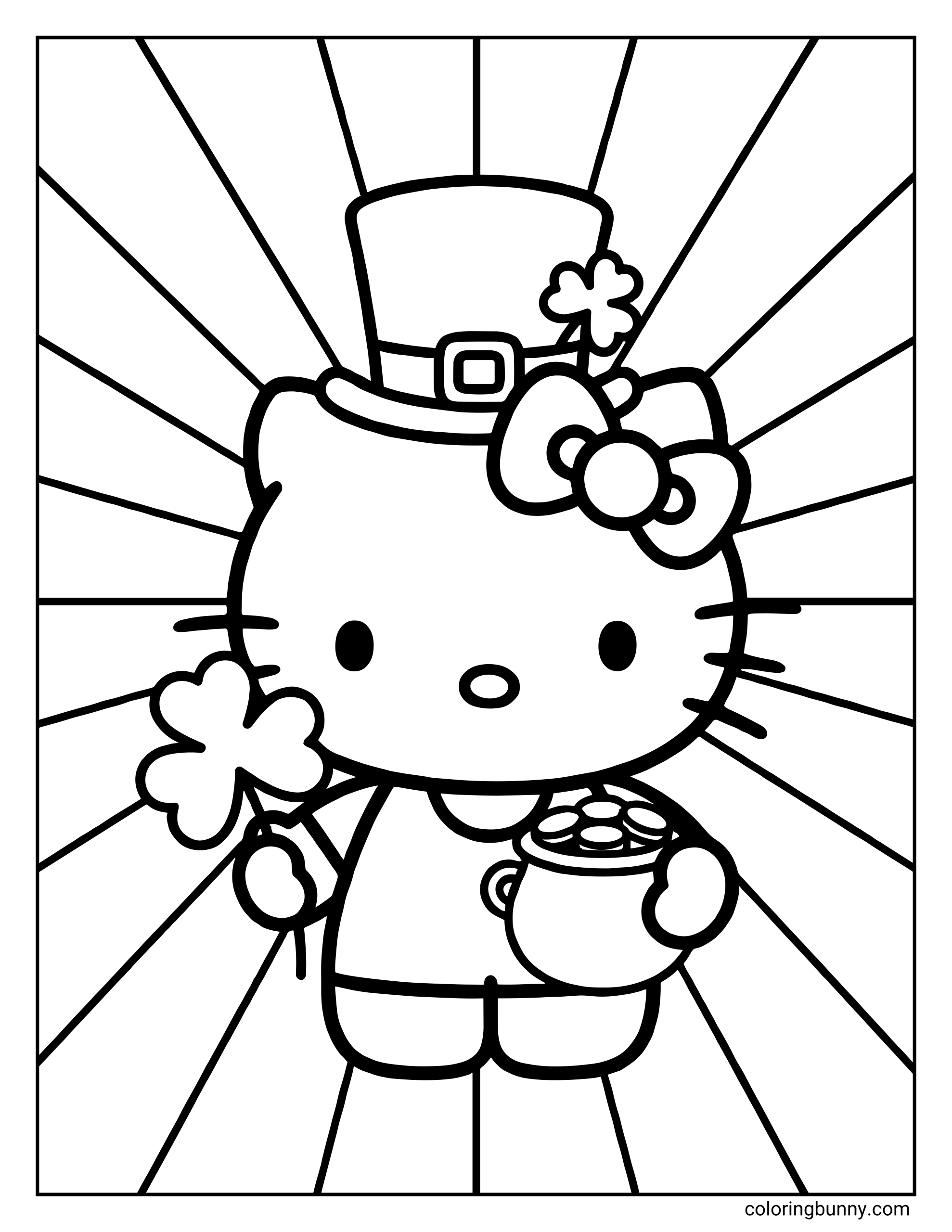 Coloring page of Hello Kitty dressed for St. Patrick’s Day, holding a shamrock and a pot of gold with radiating sunburst lines behind her in a clean black and white printable design.