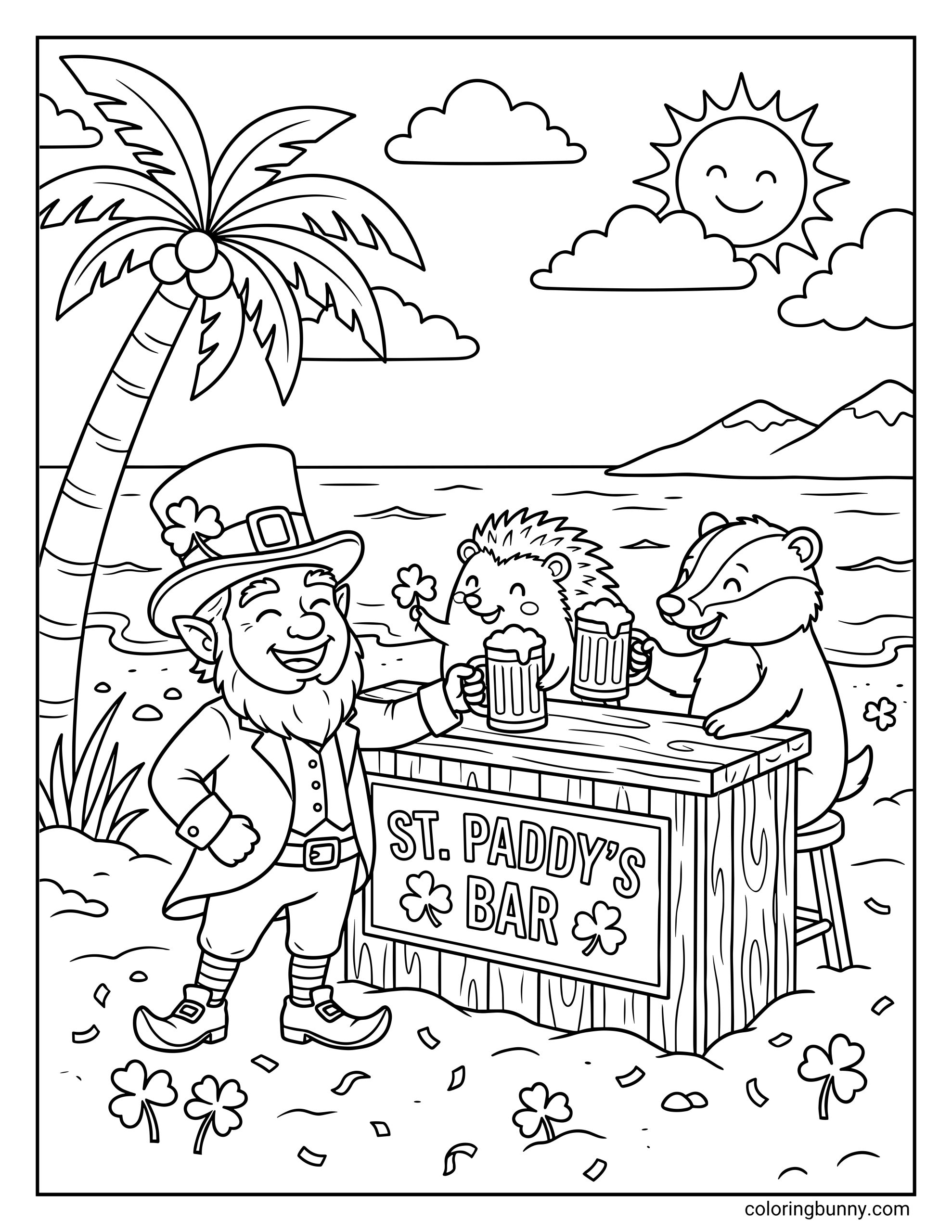 A coloring page of a leprechaun, hedgehog, and badger enjoying St. Patrick’s Day at a tropical beach bar, raising foamy drinks beside the ocean, with a palm tree, smiling sun, distant island, and scattered shamrocks