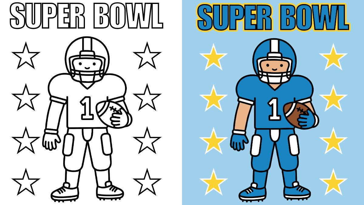 Super Bowl NFL Coloring Pages featuring a player in full kit holding a football, with 8 stars in the background.