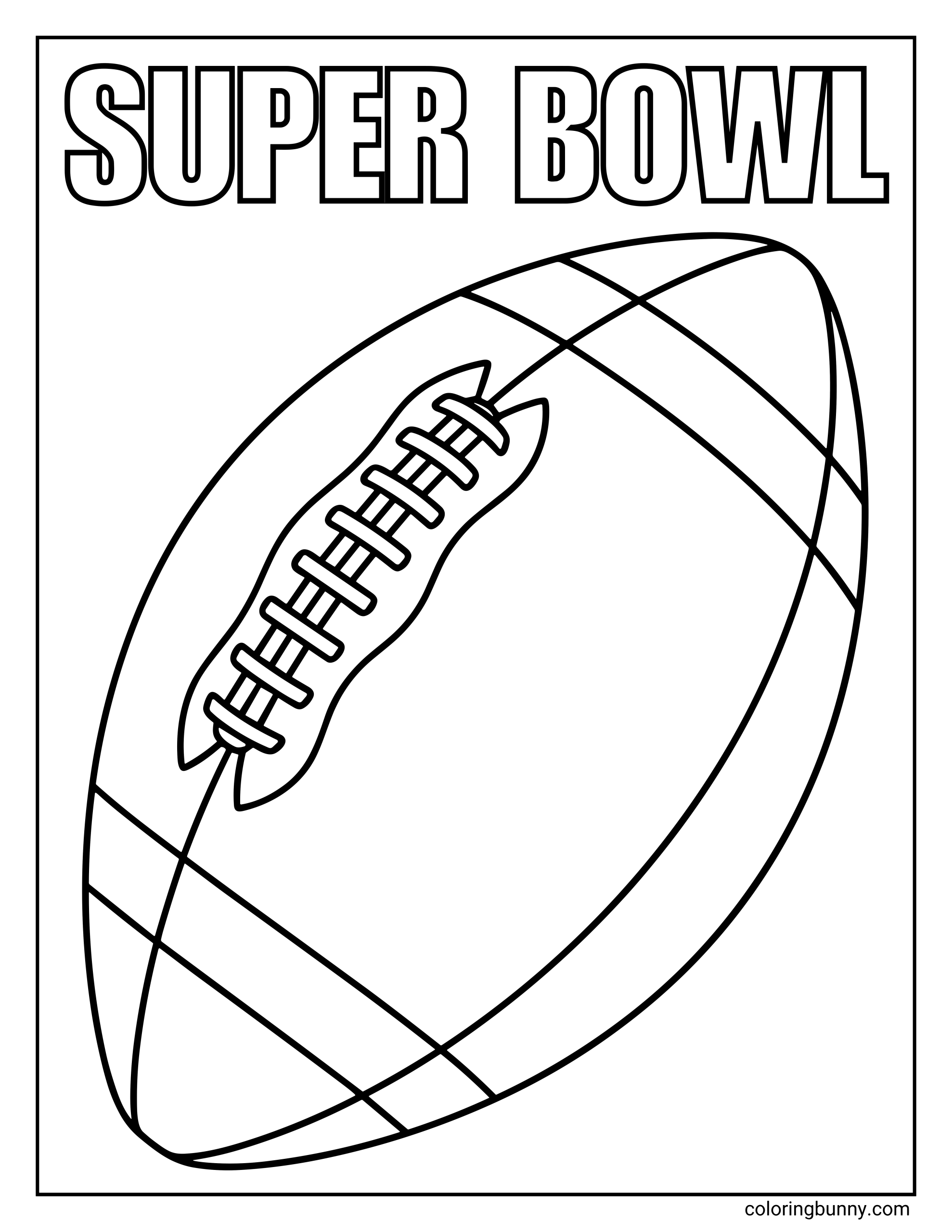 A Super Bowl coloring page featuring a large American football illustration with bold ‘SUPER BOWL’ text at the top, drawn in a clear outline.