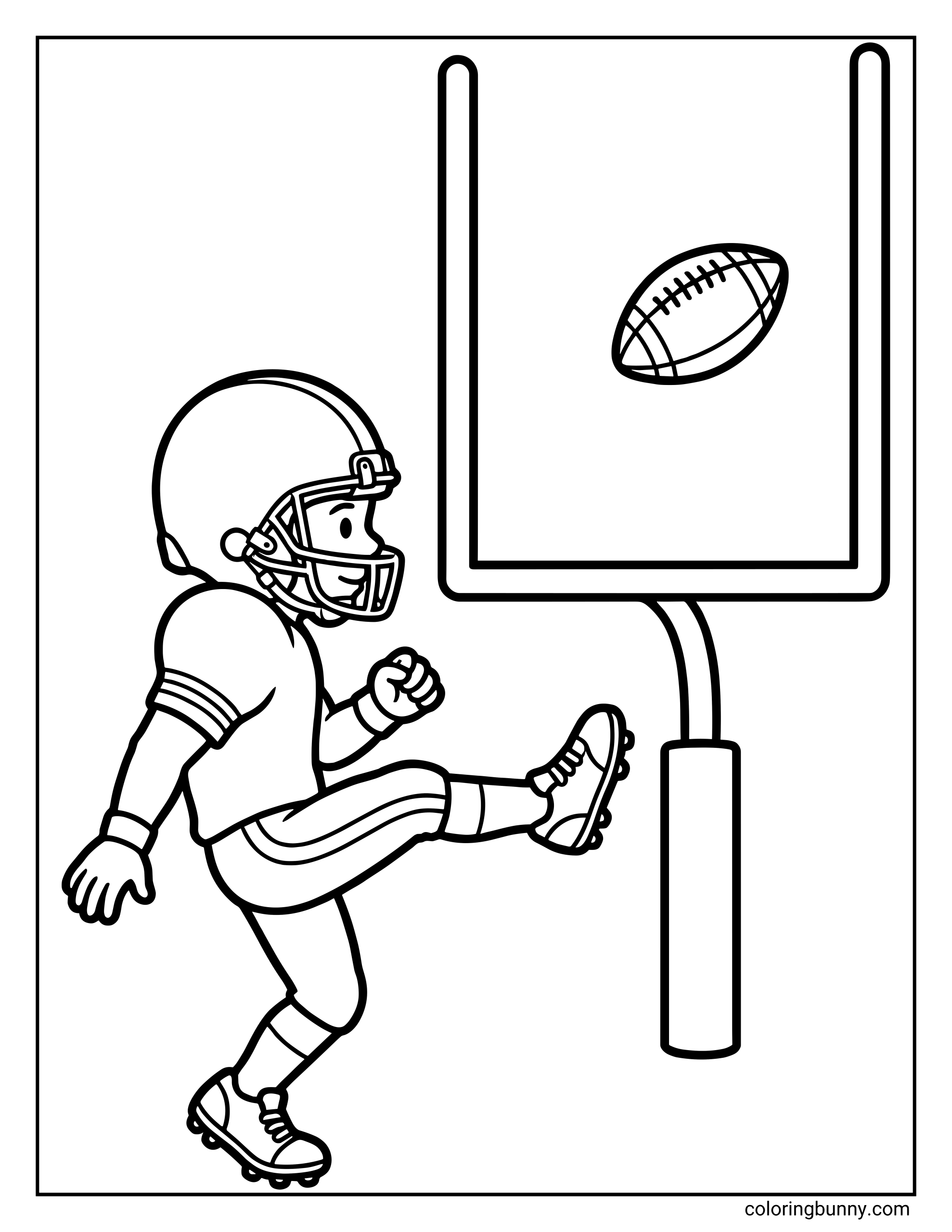 An American Football coloring page showing a football player kicking a field goal, with a football flying between the goalposts.