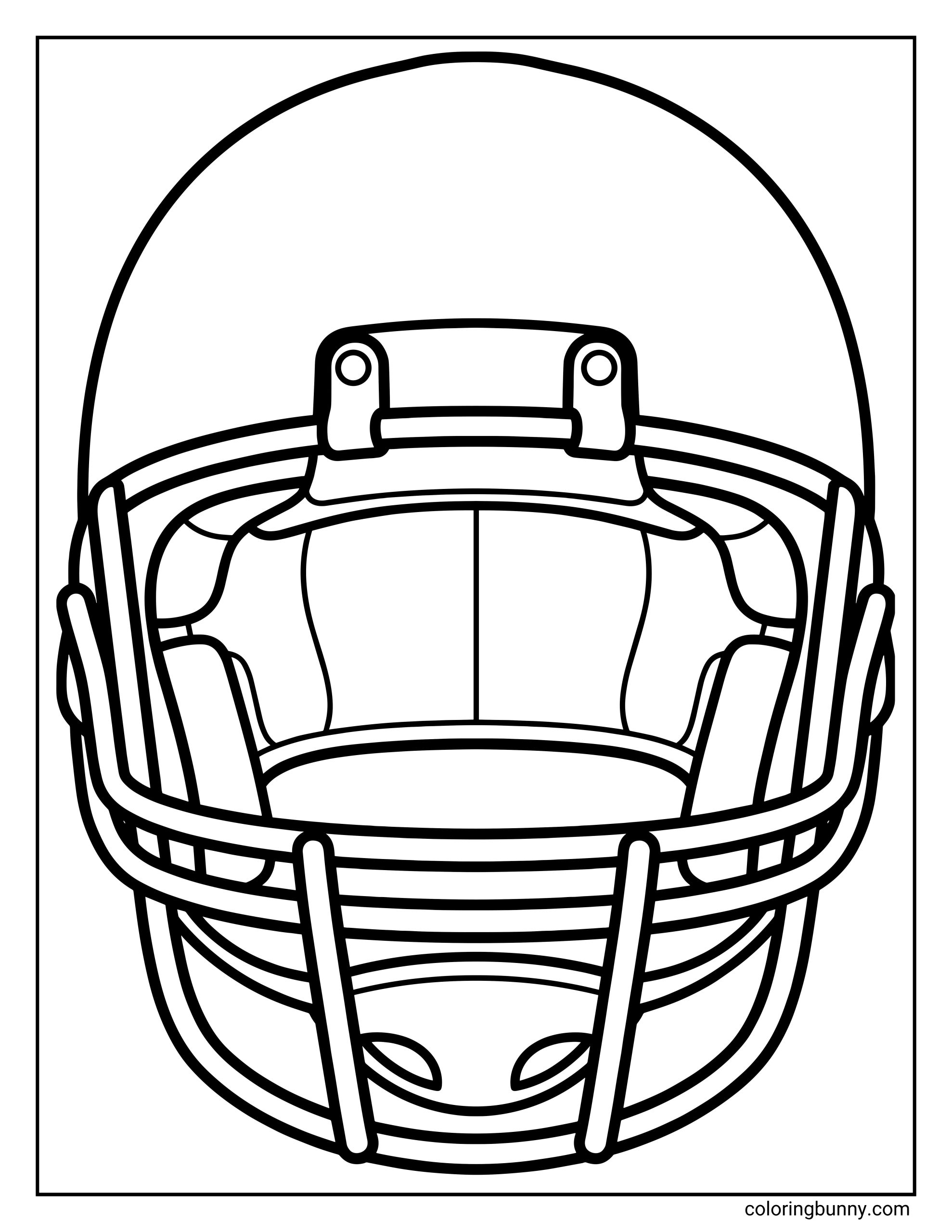 An American Football coloring page featuring a front-facing players helmet, drawn in a clear outline style.