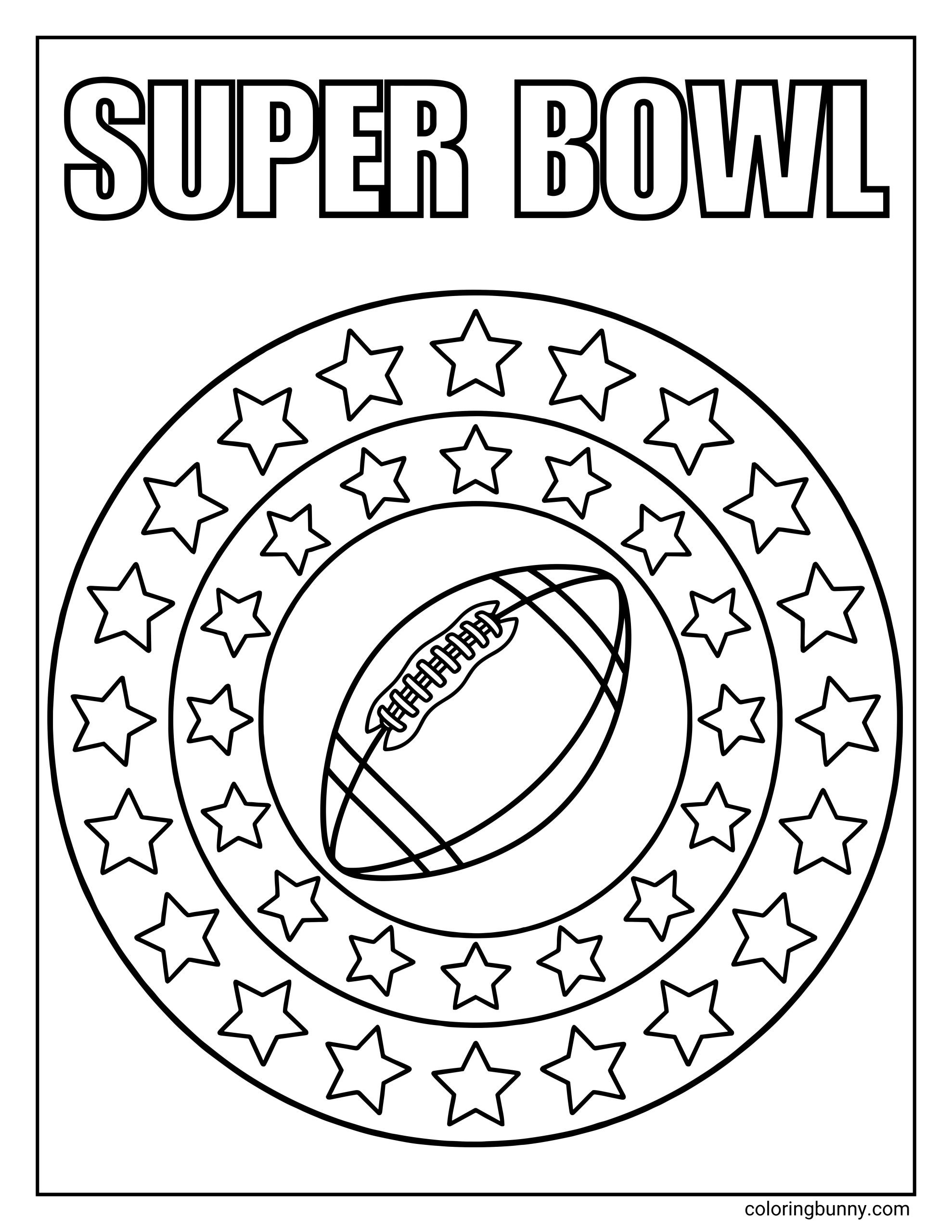 A Super Bowl-themed mandala coloring page featuring a large circular pattern of stars surrounding an American football in the center. The top of the page has bold text that says ‘SUPER BOWL'.