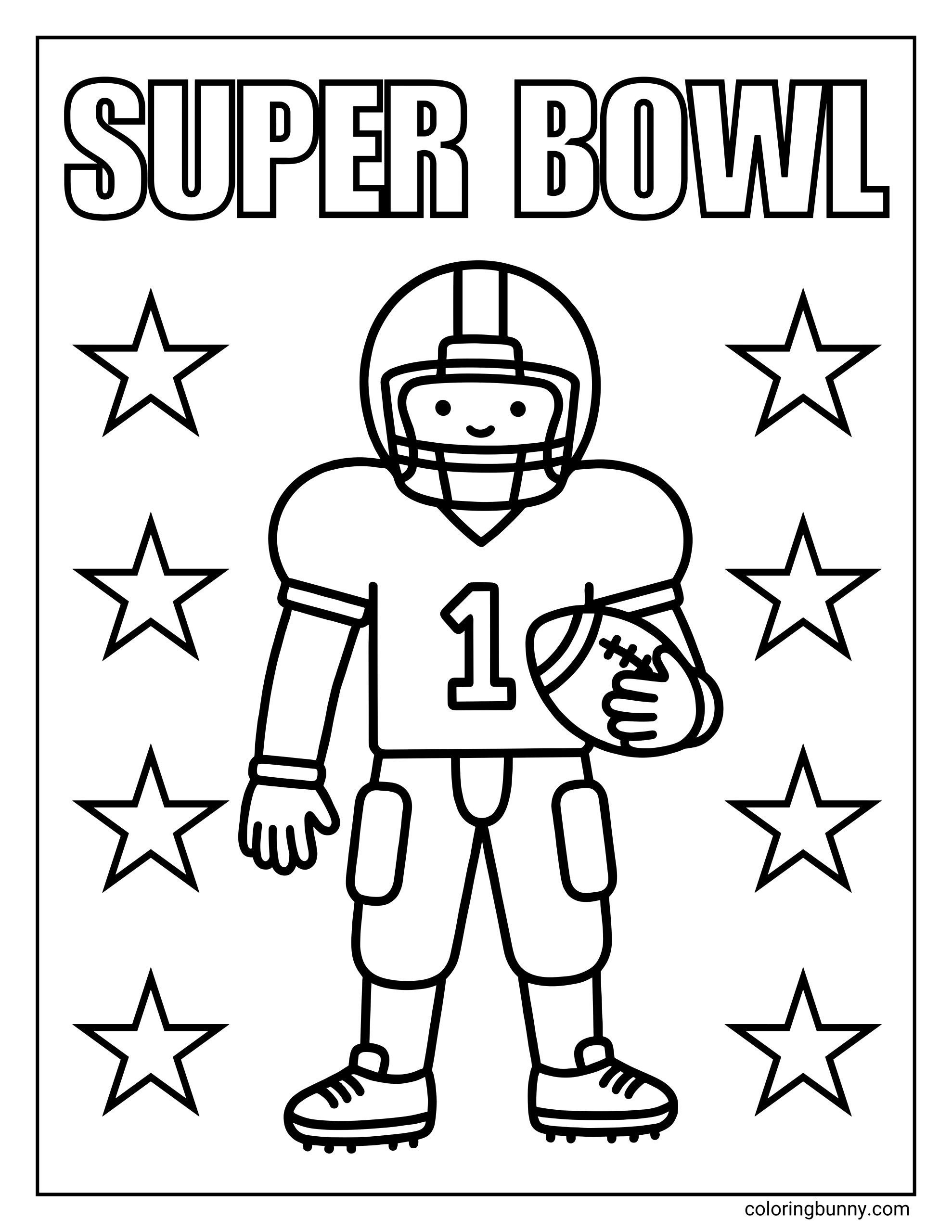 A Super Bowl coloring page featuring a smiling football player in full kit holding a football, with star decorations on both sides and bold ‘SUPER BOWL’ text at the top.