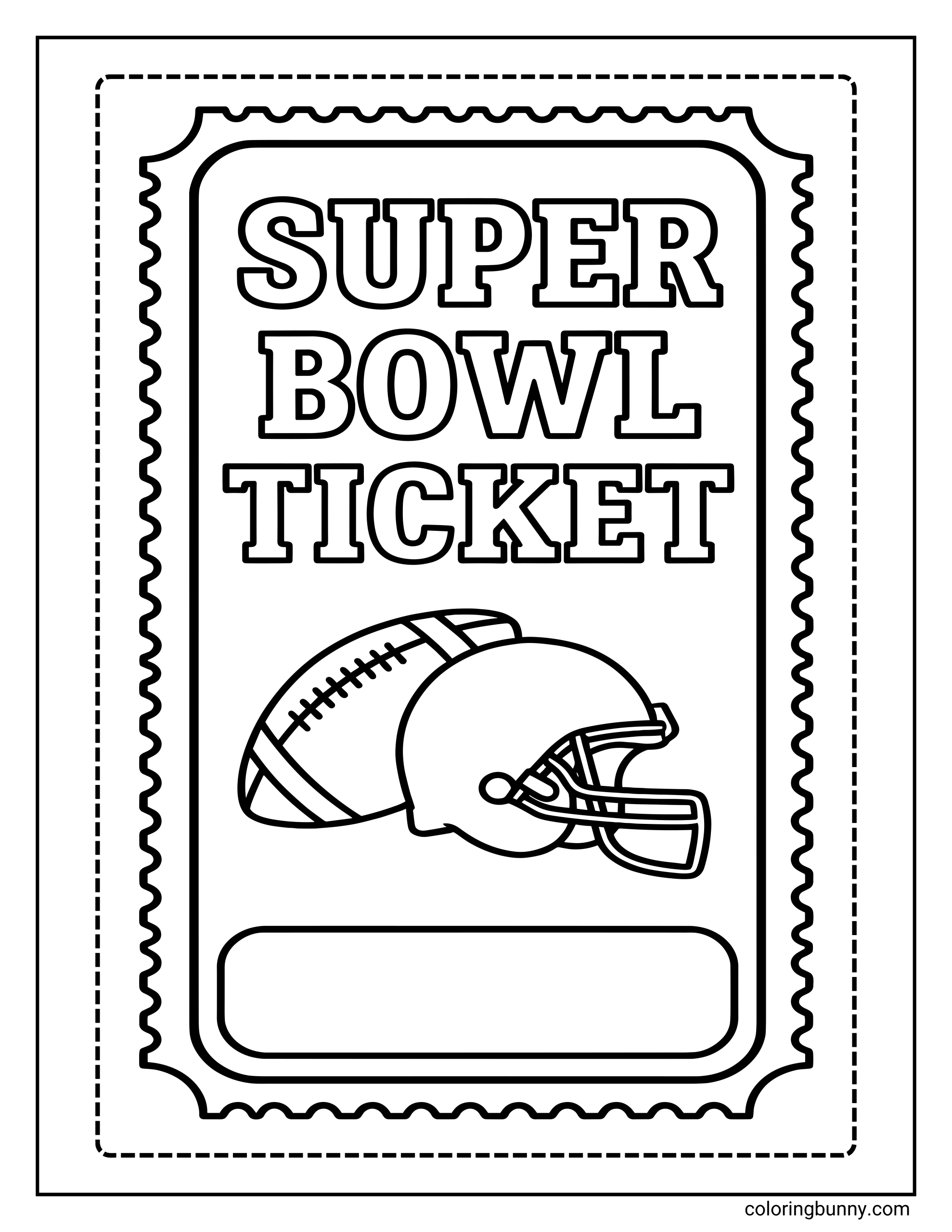 A Super Bowl coloring page designed like a large event ticket, featuring bold ‘SUPER BOWL TICKET’ text, a football and helmet illustration, and a decorative ticket-style border.