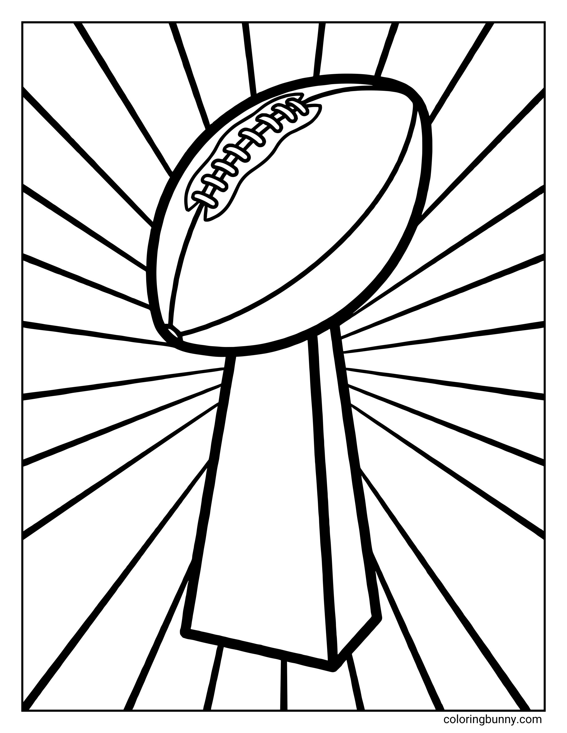 A Super Bowl coloring page featuring a large championship trophy topped with a football, surrounded by bold radiating lines.
