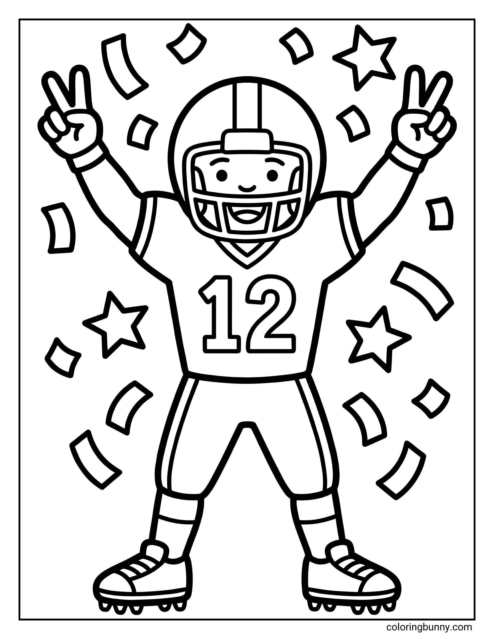 An American Football coloring page featuring a smiling football player celebrating with both arms raised, wearing a jersey with the number 12, surrounded by stars and confetti.