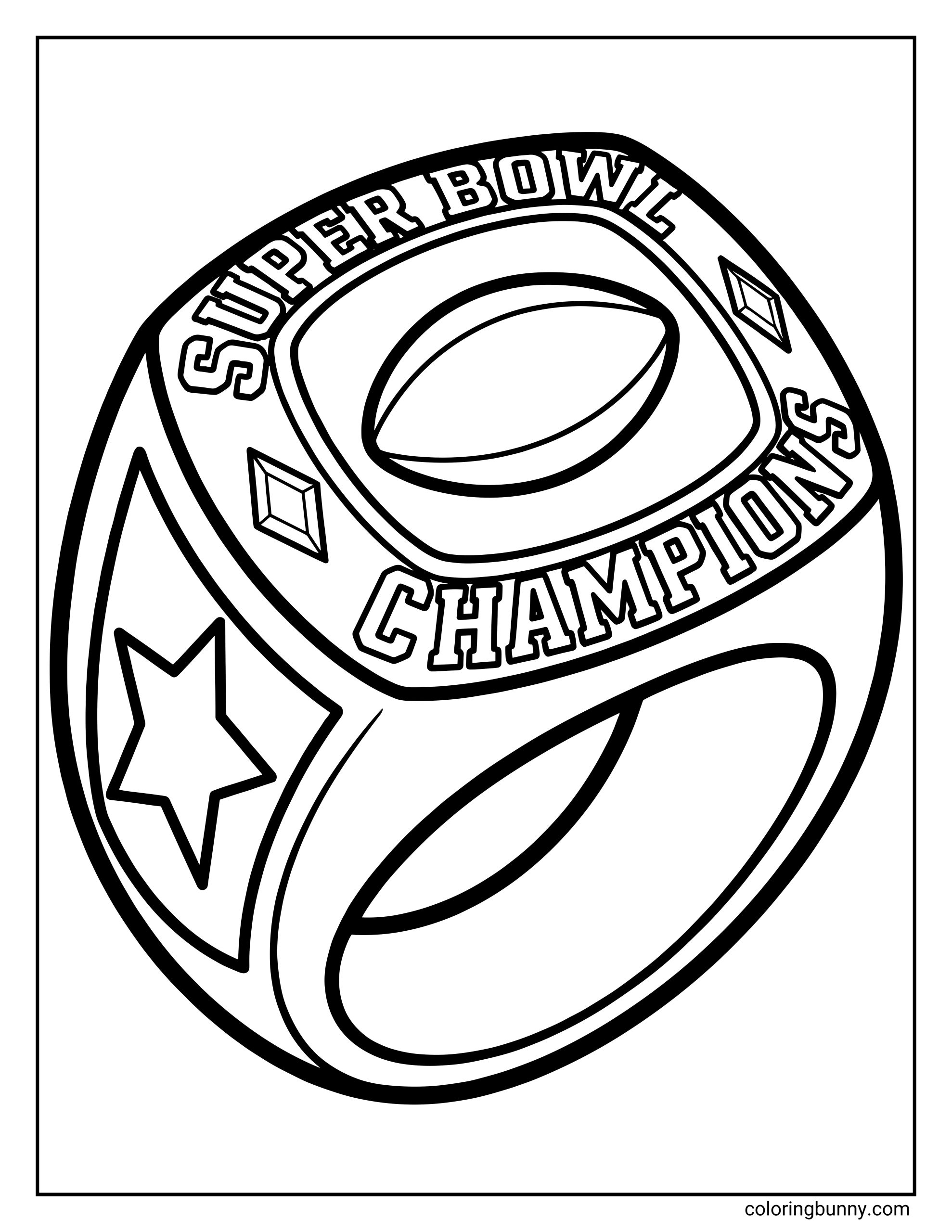 A Super Bowl coloring page featuring a large championship ring with ‘SUPER BOWL CHAMPIONS’ text, star details, and gemstone-style shapes, drawn in bold outlines.