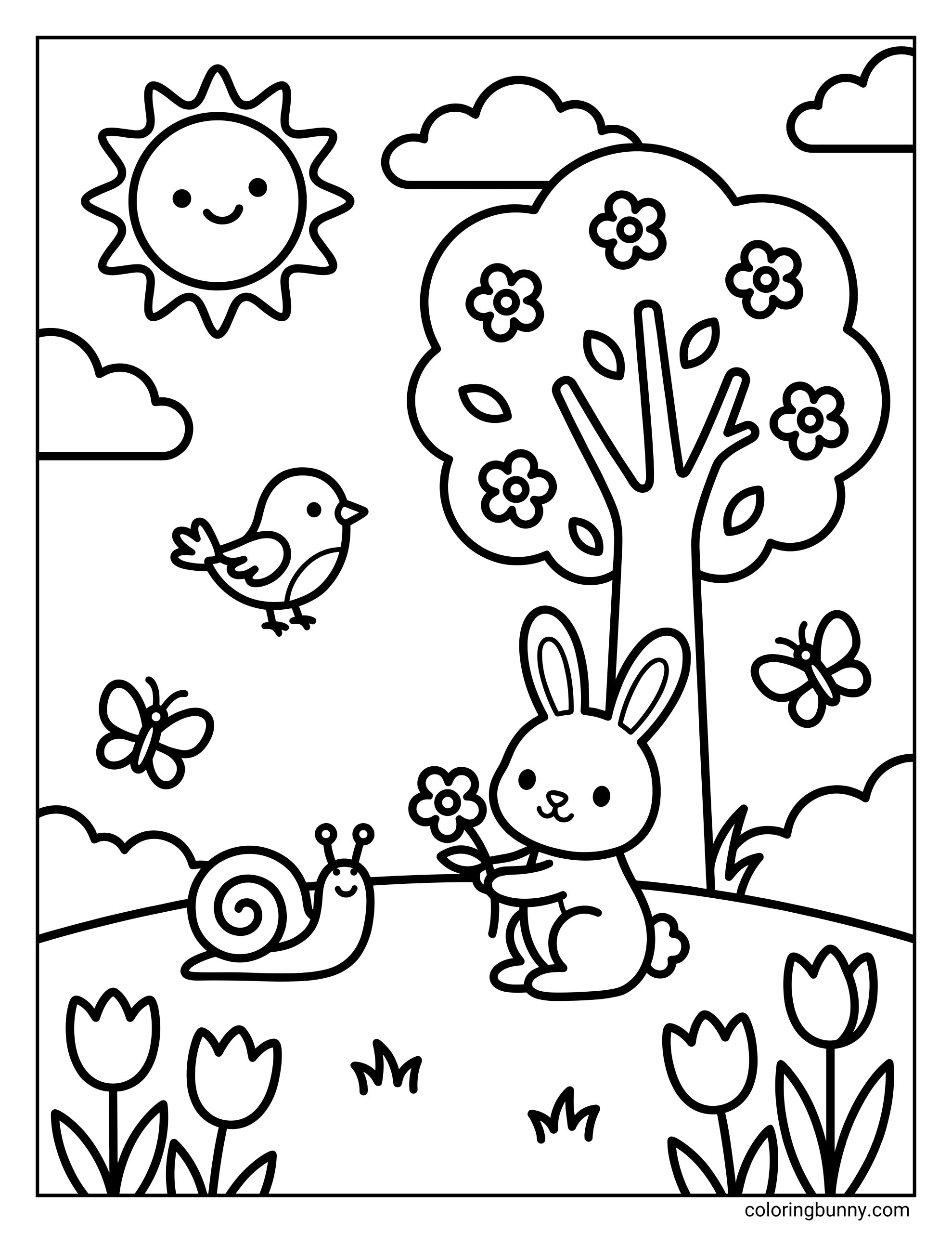 A simple Spring coloring page featuring a rabbit holding a flower, sitting next to a snail under a blooming tree, with a bird flying and a smiling sun in the sky.