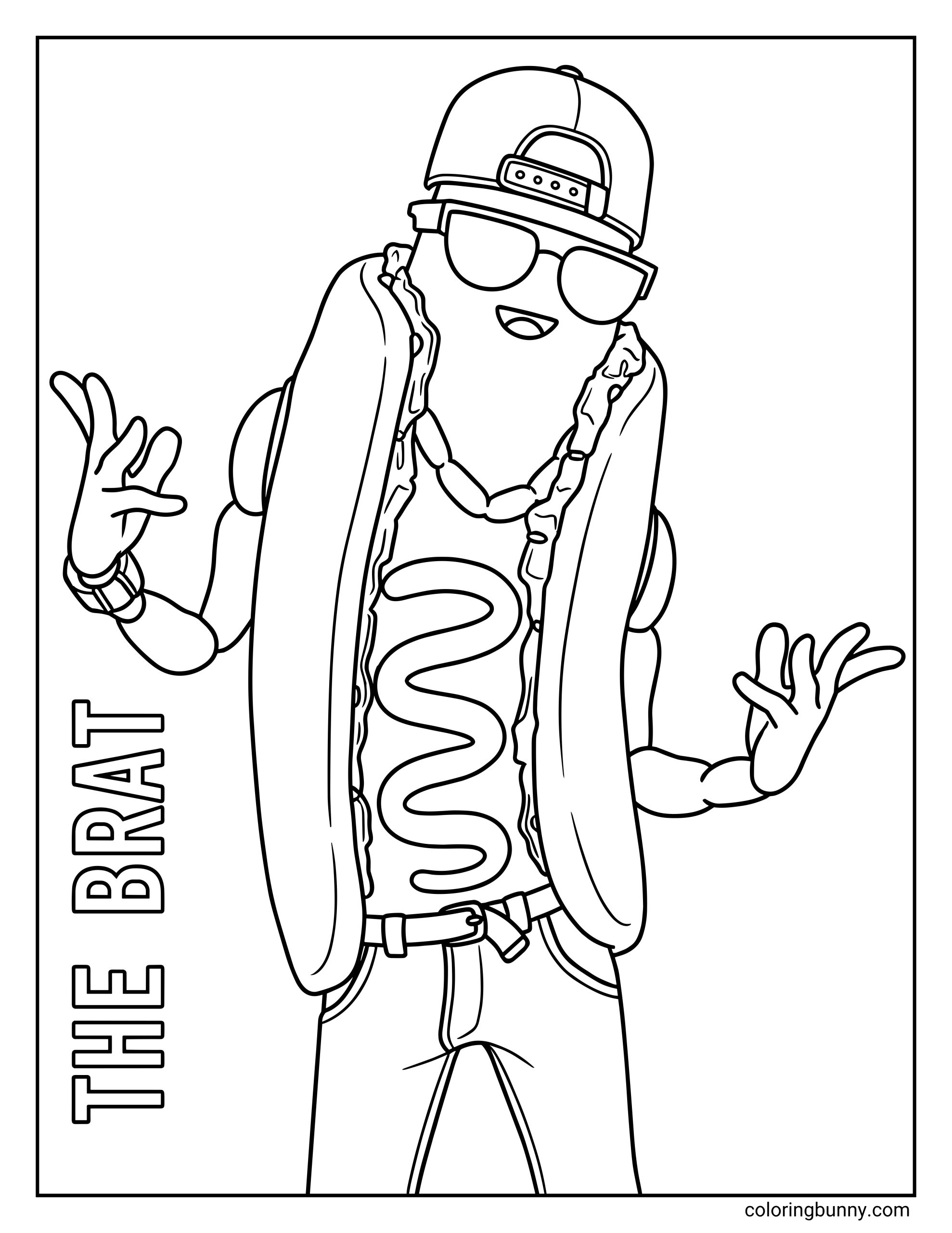 A funny Fortnite coloring page featuring the Fortnite character "The Brat," who is a hot dog wearing sunglasses and a backward hat, making cool hand gestures next to his name.