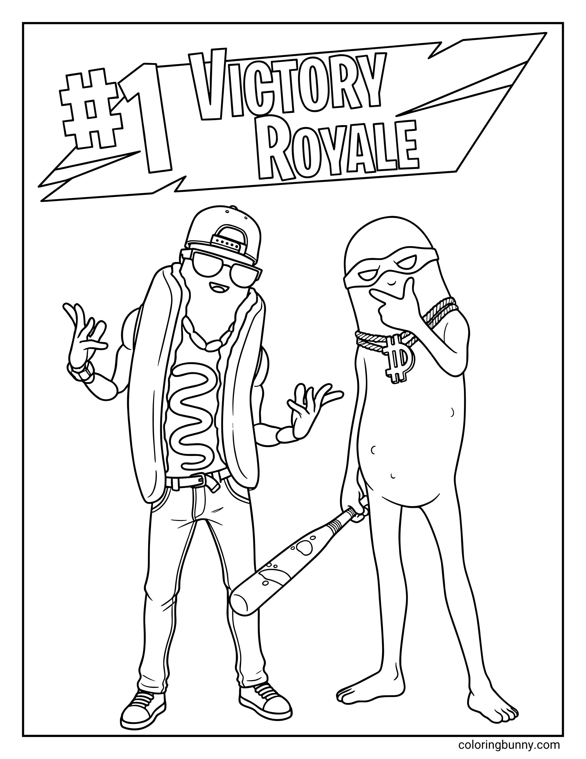 A Fortnite coloring page showing the hot dog character The Brat (wearing sunglasses and a chain) and the pickle character Big Dill (in his mask) posing confidently together under a "#1 Victory Royale" banner.