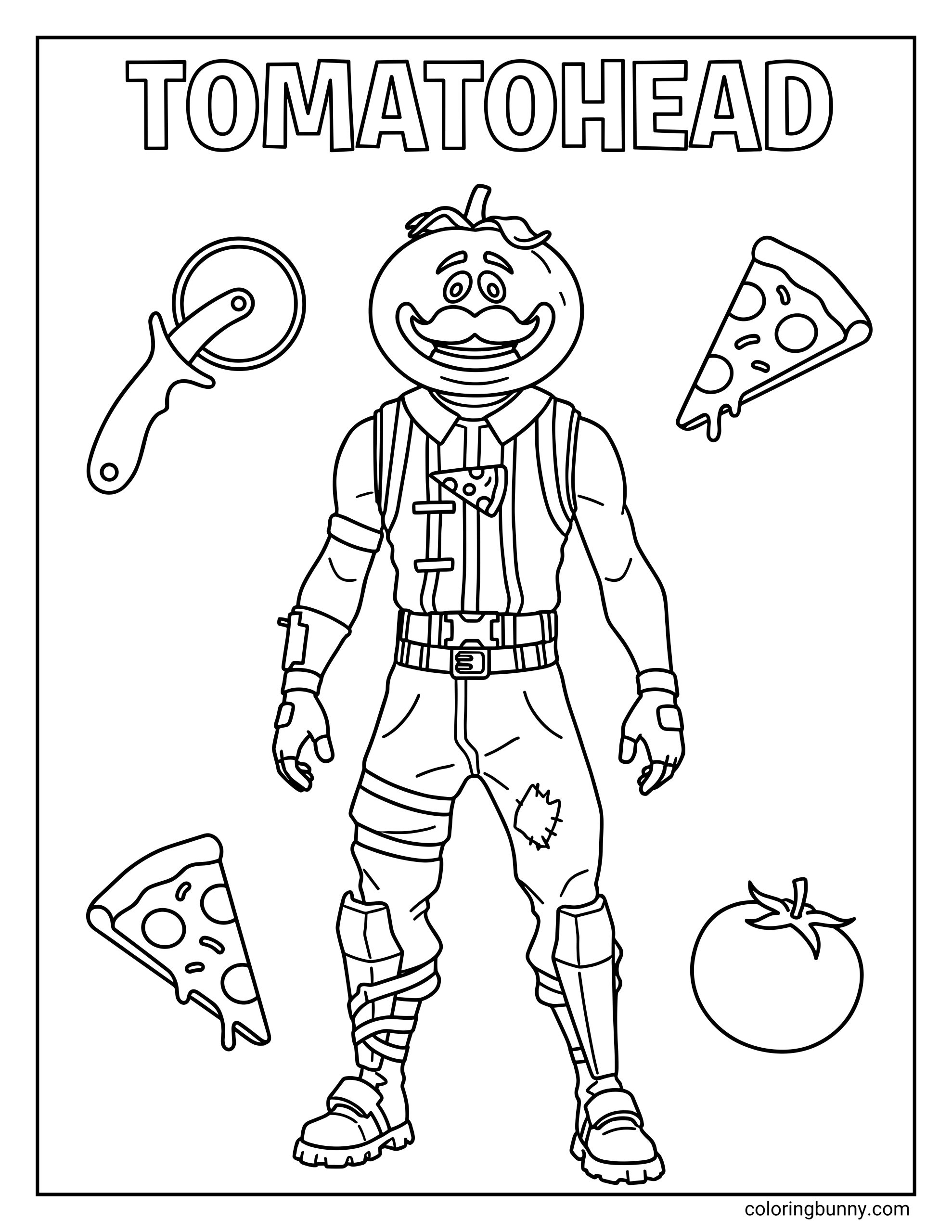 A coloring sheet featuring the Fortnite character Tomatohead standing tall, surrounded by pizza slices, a tomato, and a pizza cutter.