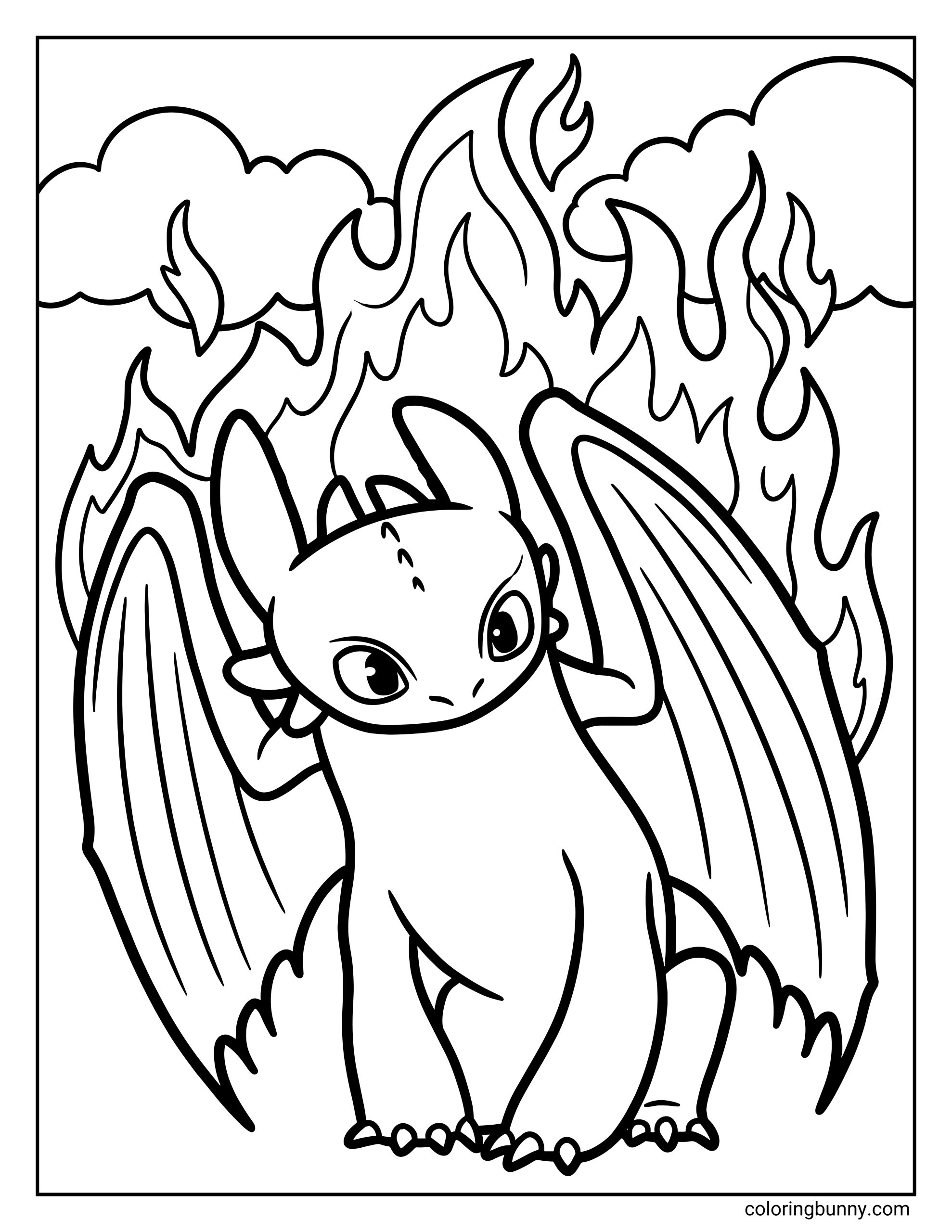 A How to Train Your Dragon coloring page featuring Toothless standing with his wings spread wide and flames rising behind him. The Night Fury has his signature large eyes, smooth rounded body, ear-like fins, and sleek dragon form.