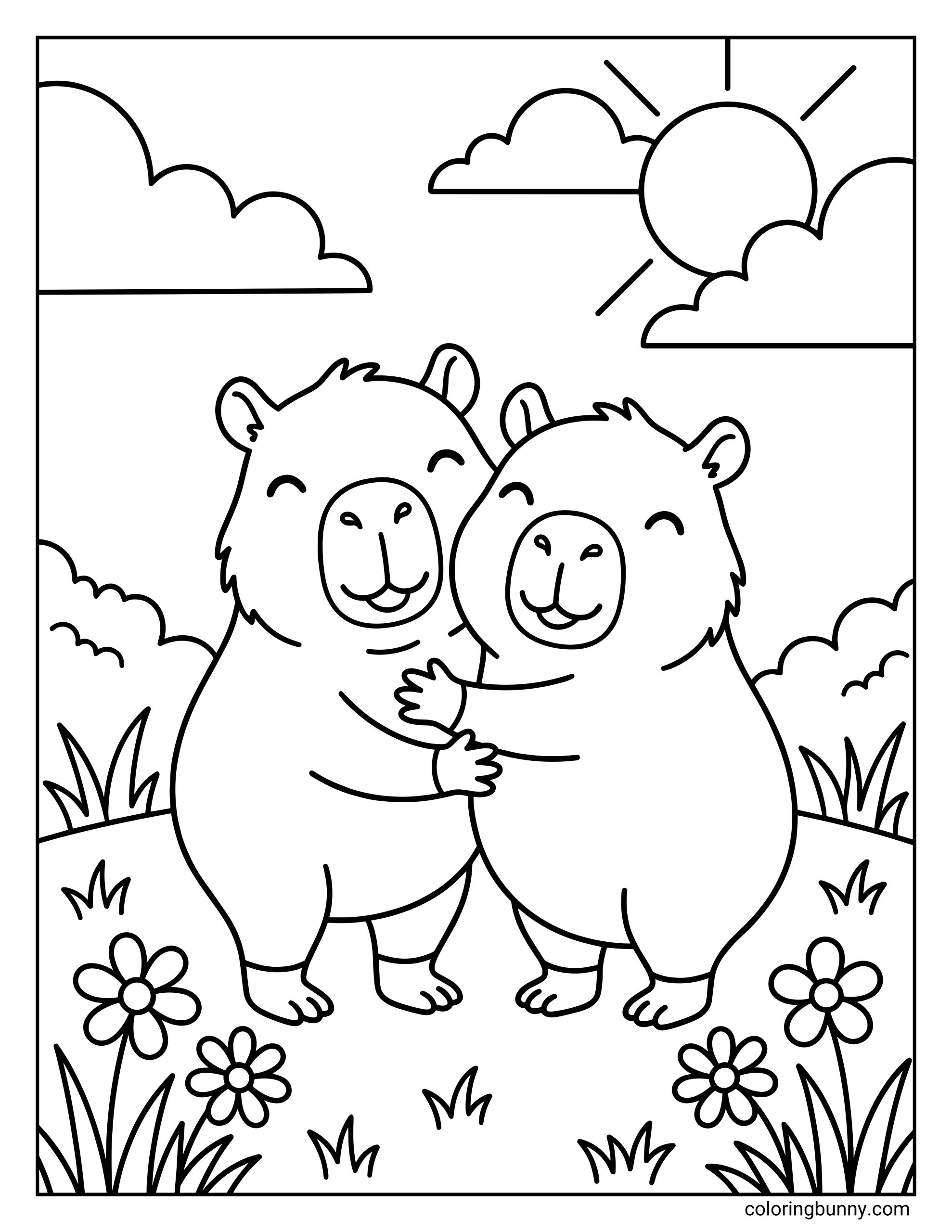 A cute and simple coloring page featuring two smiling capybaras hugging each other in a grassy outdoor setting, with flowers, clouds, and a bright sun creating a peaceful and happy scene.