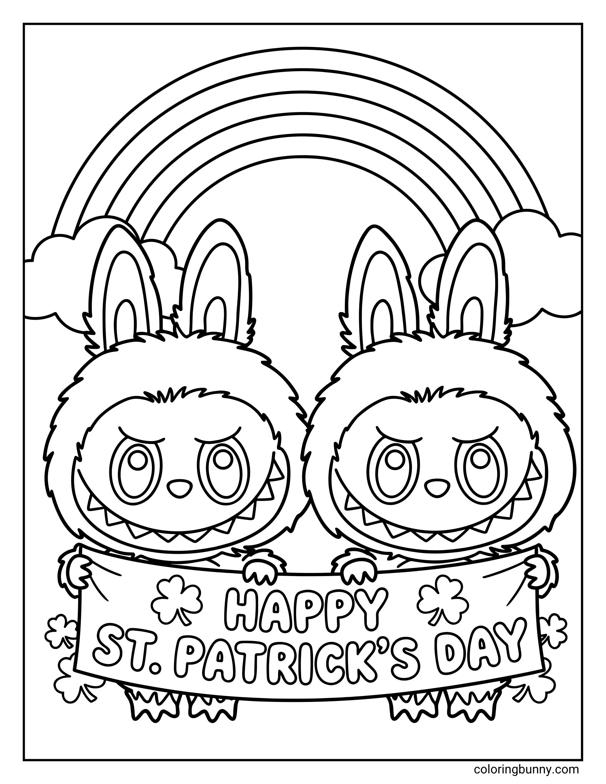 Cute Labubu St. Patrick’s Day coloring page featuring two Labubu characters standing side by side under a rainbow, holding a banner that reads “Happy St. Patrick’s Day,” surrounded by shamrocks.