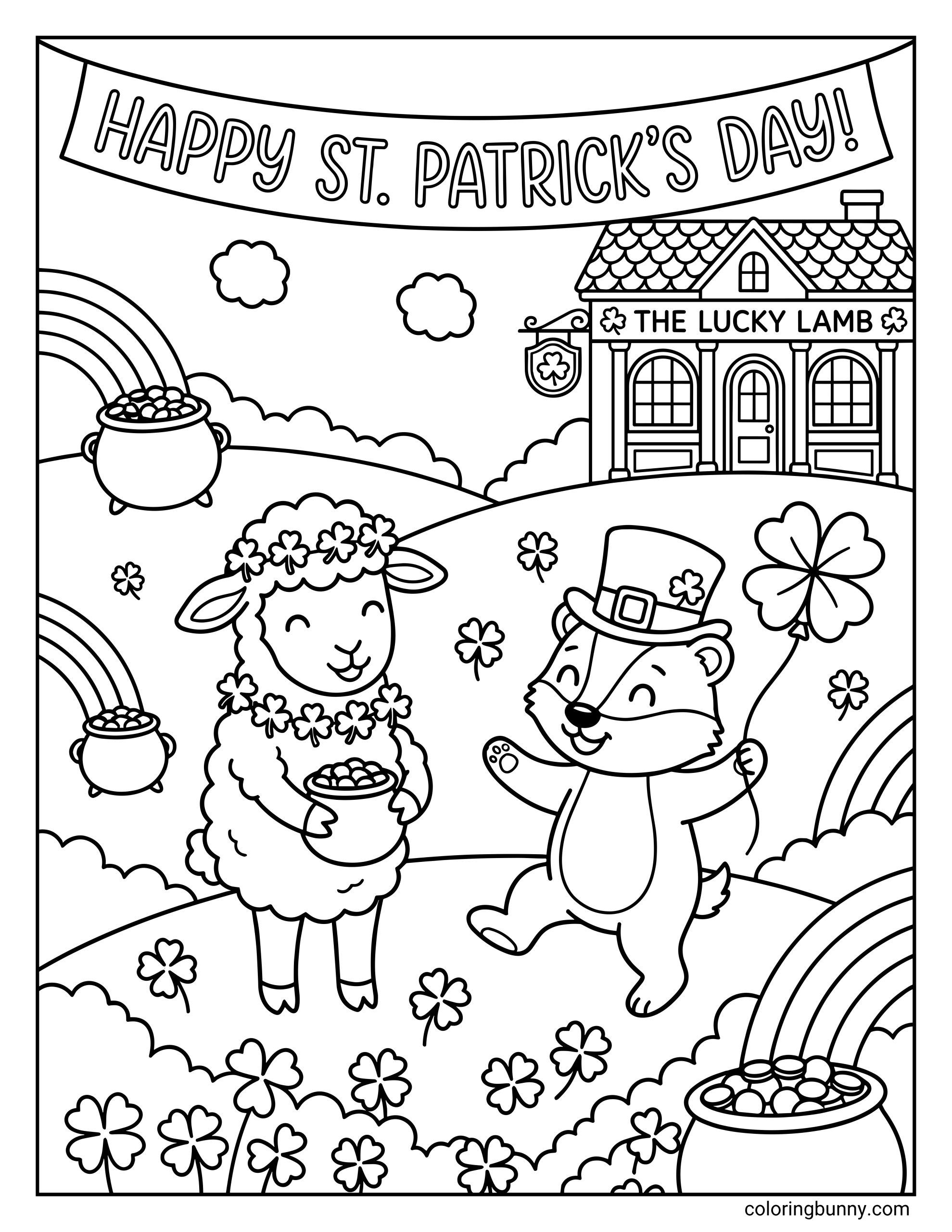 A kids St. Patrick’s Day coloring page of a smiling sheep wearing a clover flower crown beside a happy fox holding a shamrock, with rainbows, pots of gold, and a festive St. Patrick’s Day banner in a playful countryside.