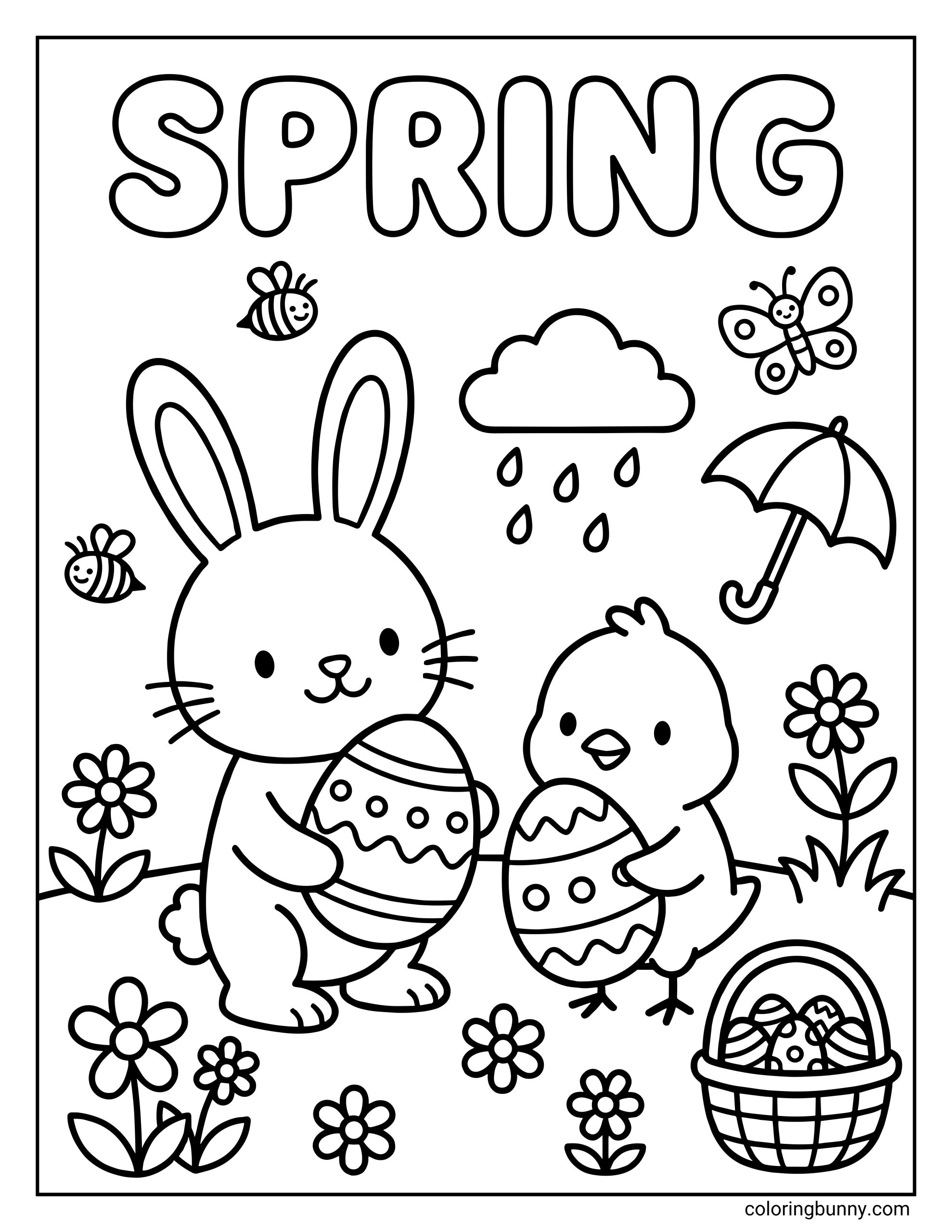 A Spring coloring page featuring the text "SPRING" above a rabbit and a chick holding decorated Easter eggs, surrounded by a basket, rain cloud, umbrella, and flowers.