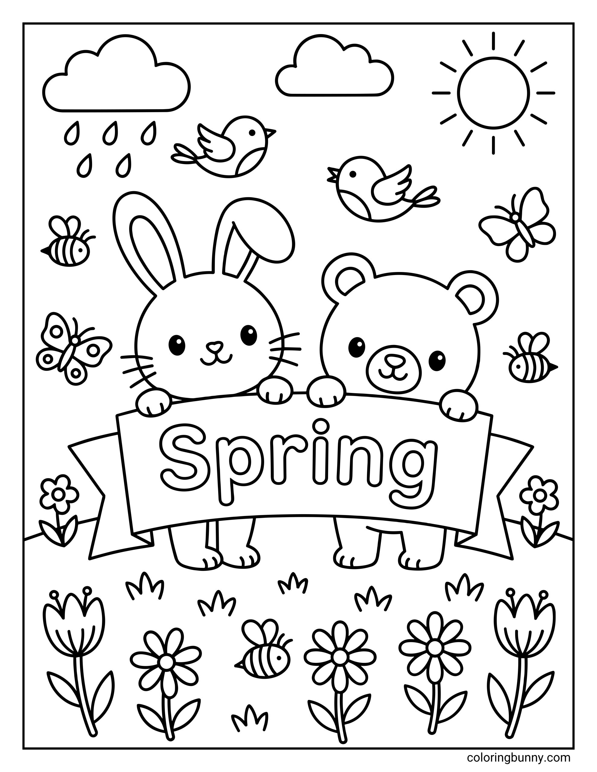 A coloring page featuring a rabbit and a bear standing in a flower field, holding a banner that says "Spring," with a sun and clouds above.