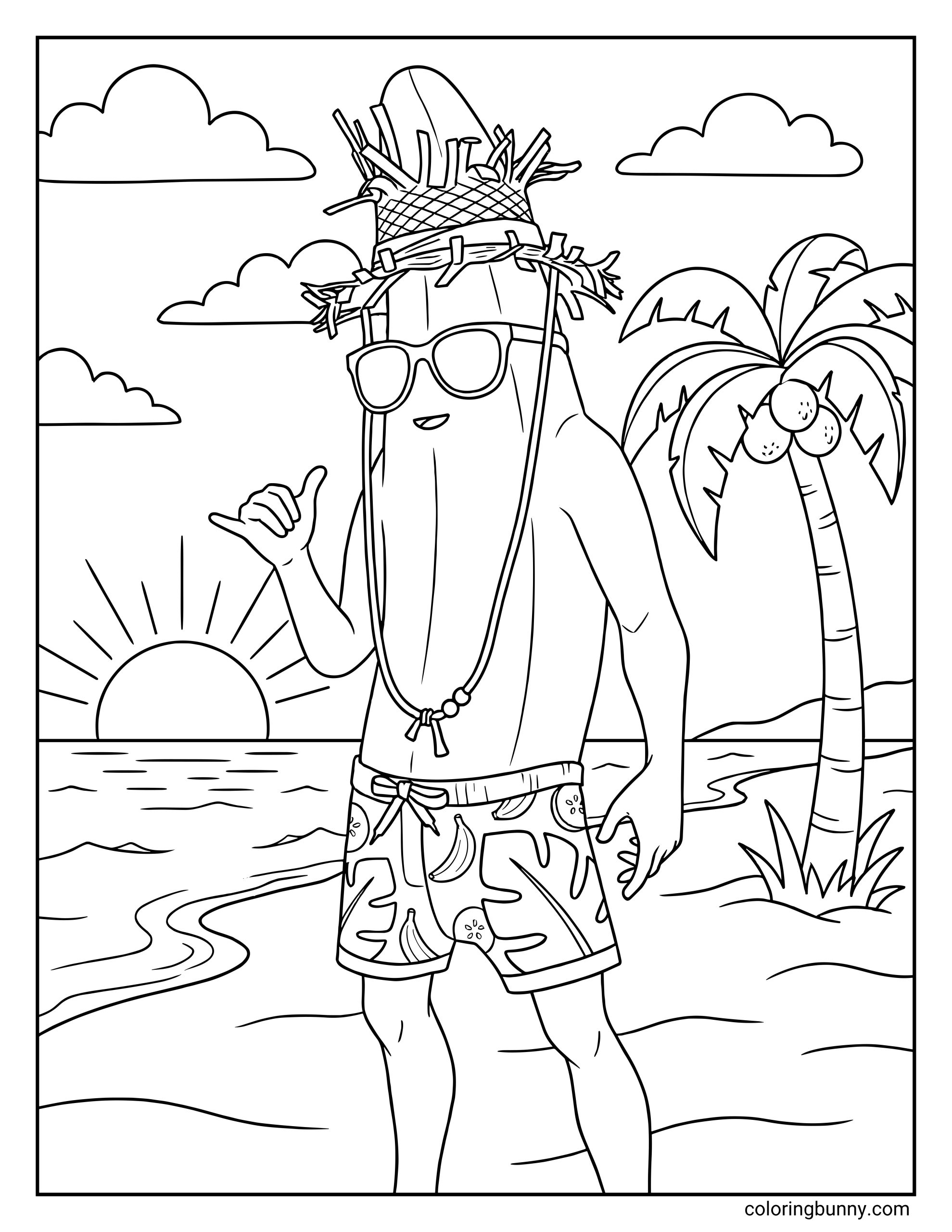 A Fortnite coloring page of Unpeely standing on a beach with a palm tree and sunset, wearing a straw hat, sunglasses, and patterned swim trunks while making a "hang loose" hand sign.