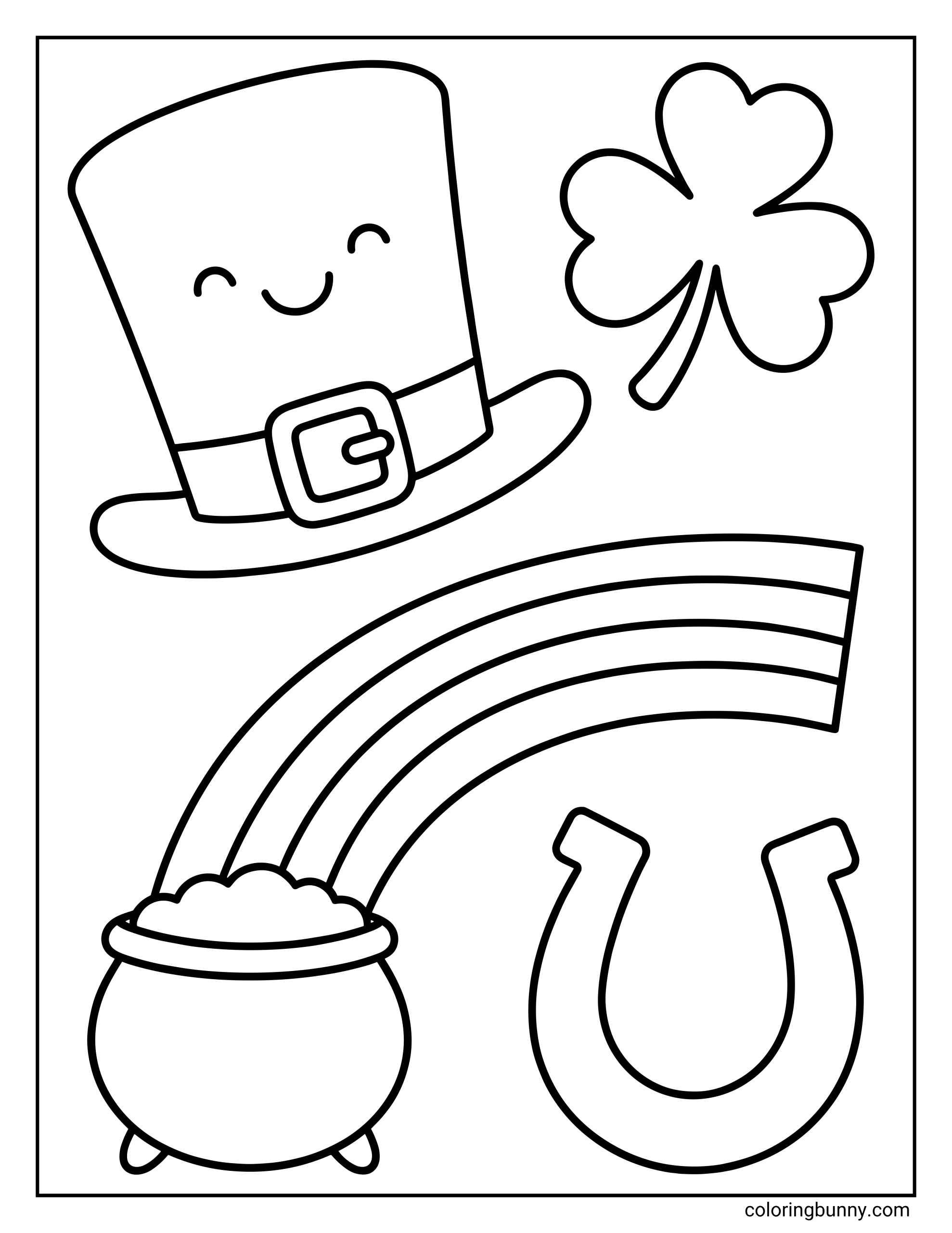 A simple coloring page of St. Patrick’s Day symbols showing a smiling leprechaun hat, rainbow, shamrock, cloud, and horseshoe, illustrated with clean bold outlines and an uncluttered design.