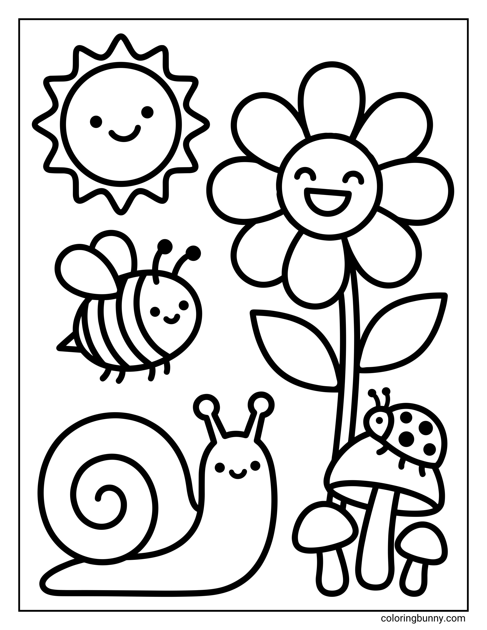 A simple and easy Spring coloring page featuring a smiling sun, a large happy flower, a bee, a snail, and a ladybug sitting on a mushroom.