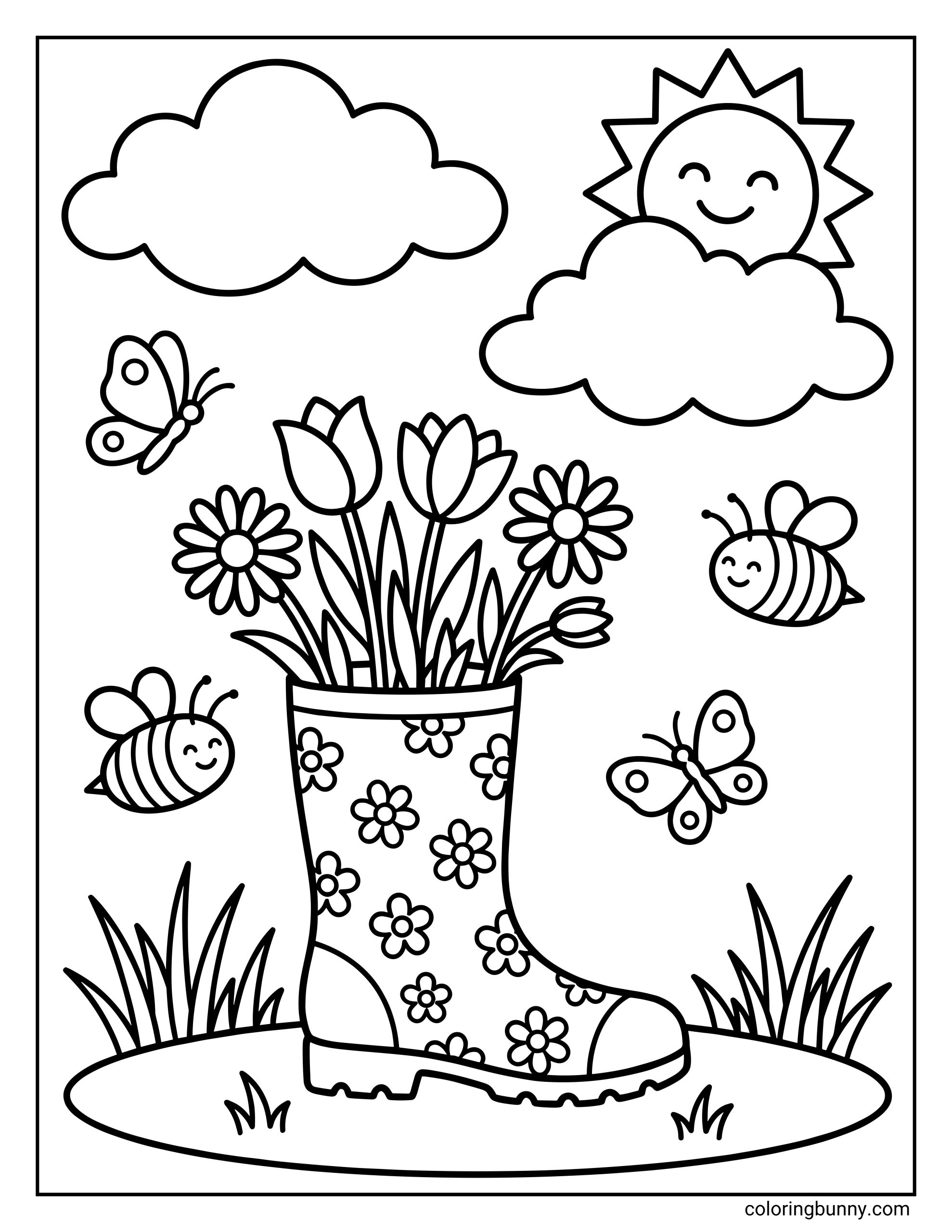 A cozy Spring coloring page featuring a floral wellington boot filled with tulips and daisies, surrounded by smiling bees, butterflies, and a sun.