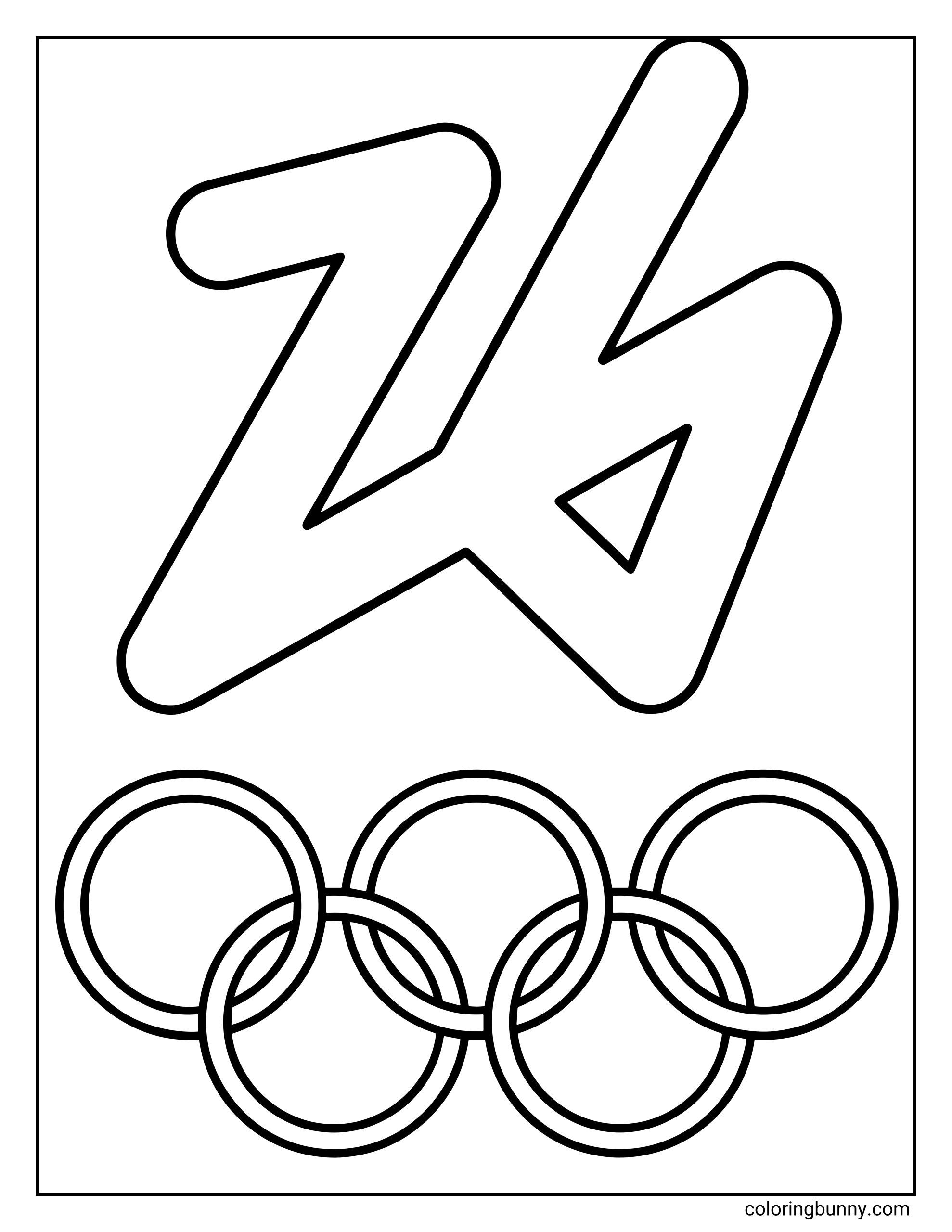 A Winter Olympics 2026 logo coloring page featuring a bold stylized number design above the Olympic rings.
