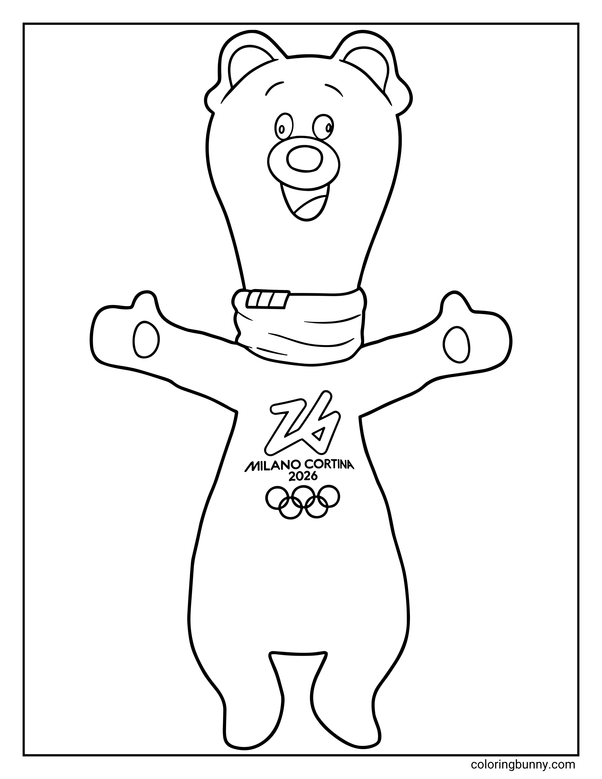 A Winter Olympics 2026 mascot coloring page featuring a smiling Stoat named Tina with arms outstretched, wearing a scarf and a shirt that says “Milano Cortina 2026” with the Olympic rings below.