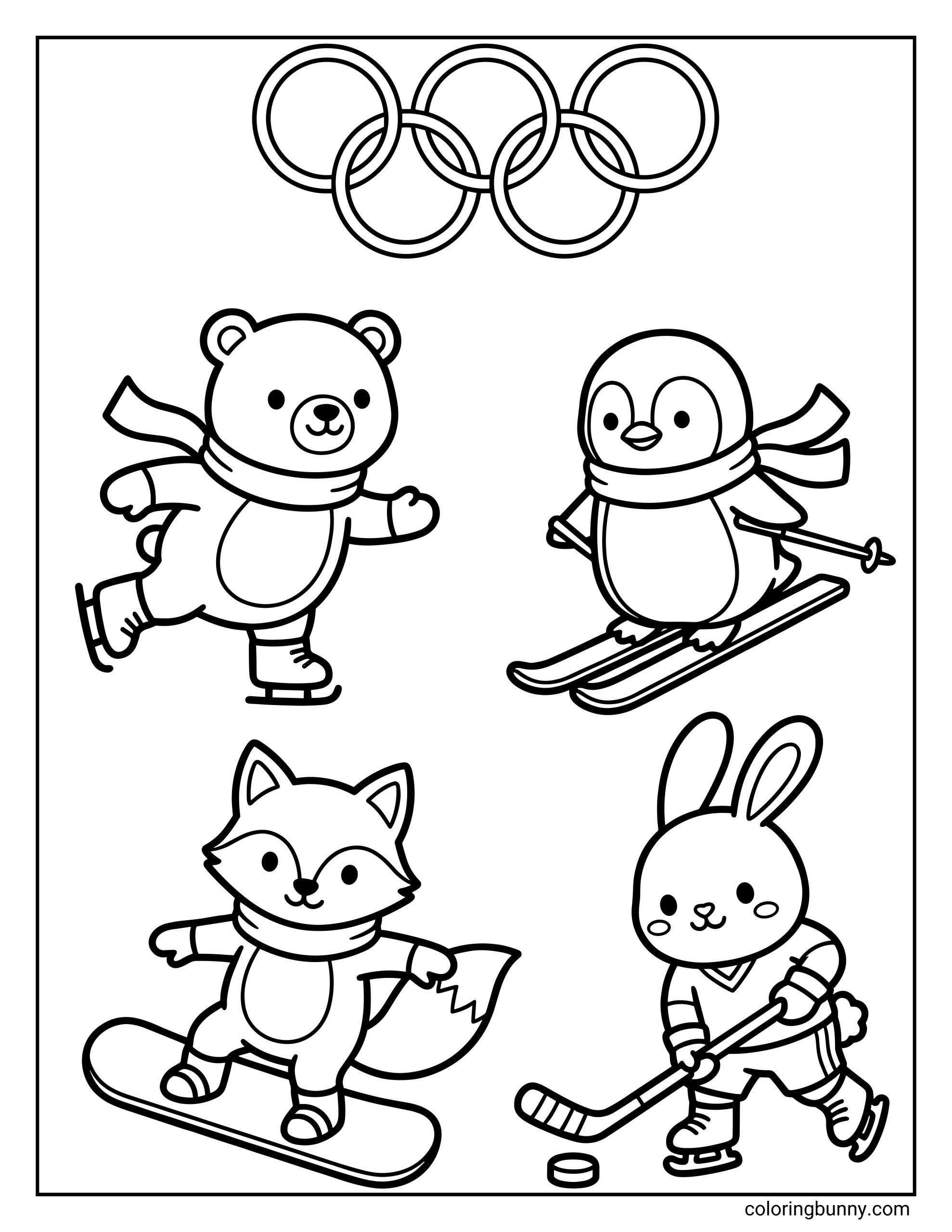 A cute Winter Olympics coloring page featuring four animal athletes: a bear ice skating, a penguin skiing, a fox snowboarding, and a bunny playing ice hockey. The Olympic rings appear above them.