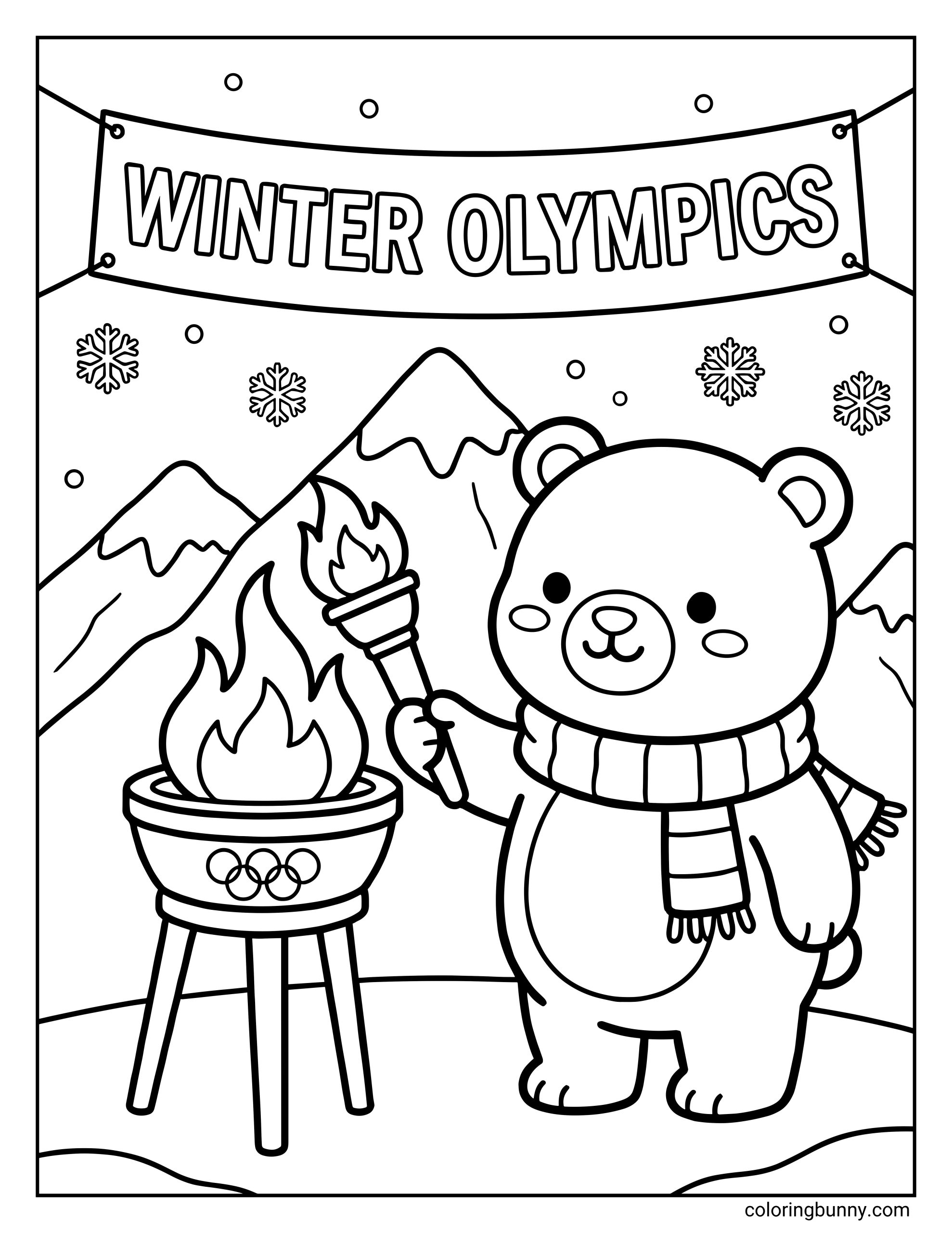 A cute Winter Olympics coloring page featuring a smiling bear wearing a scarf while holding a torch to light the Olympic flame in a large cauldron. Snowy mountains, falling snowflakes, and a “Winter Olympics” banner appear in the background.