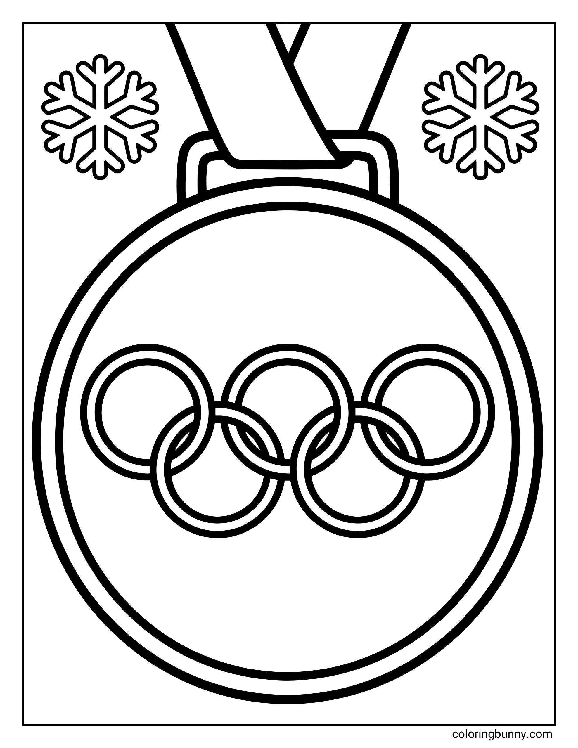 A Winter Olympics medal coloring page featuring a large hanging medal with the Olympic rings in the center and snowflakes decorating the background.
