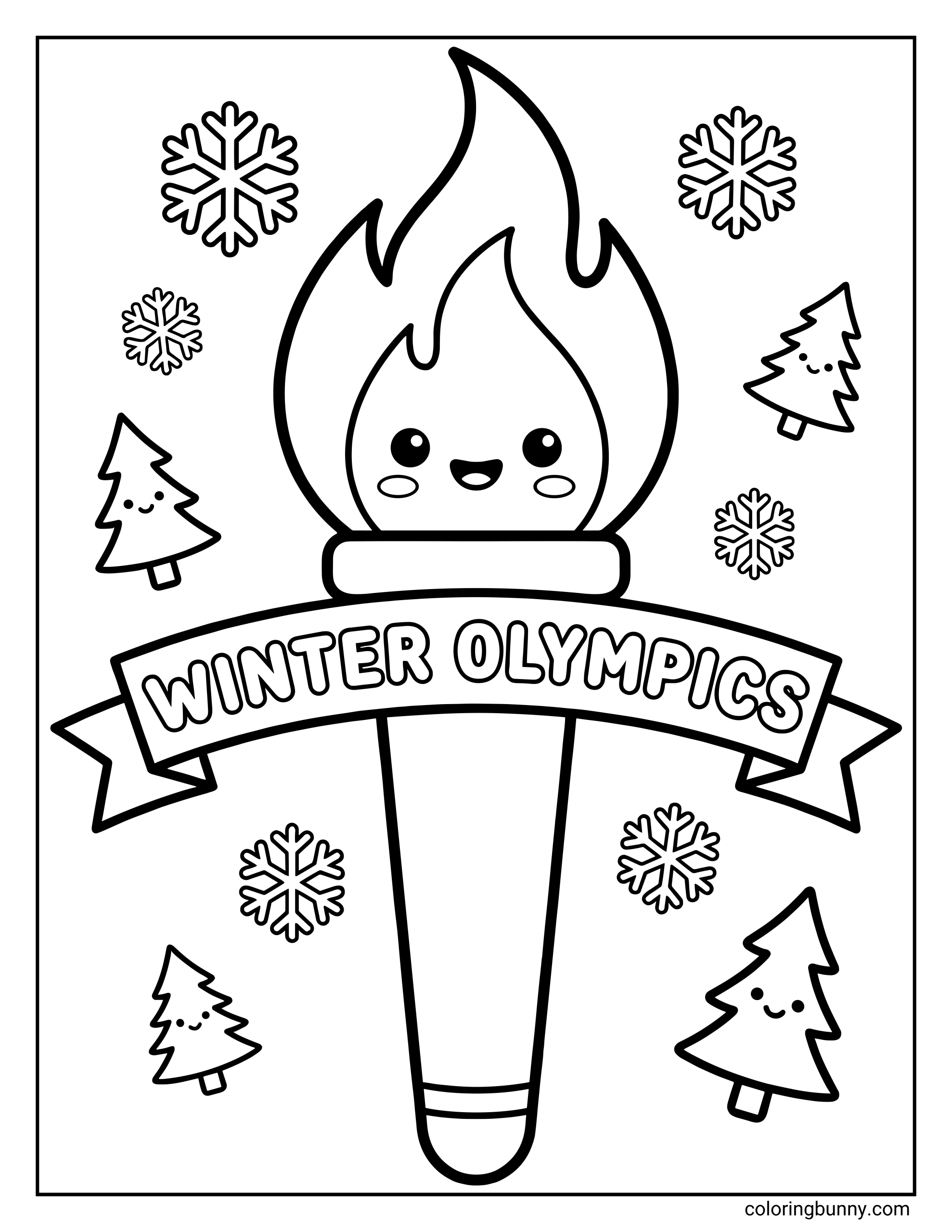 A cute Winter Olympics torch coloring page featuring a smiling flame atop a large torch with a “Winter Olympics” banner wrapped around it. Snowflakes and small smiling pine trees decorate the background.