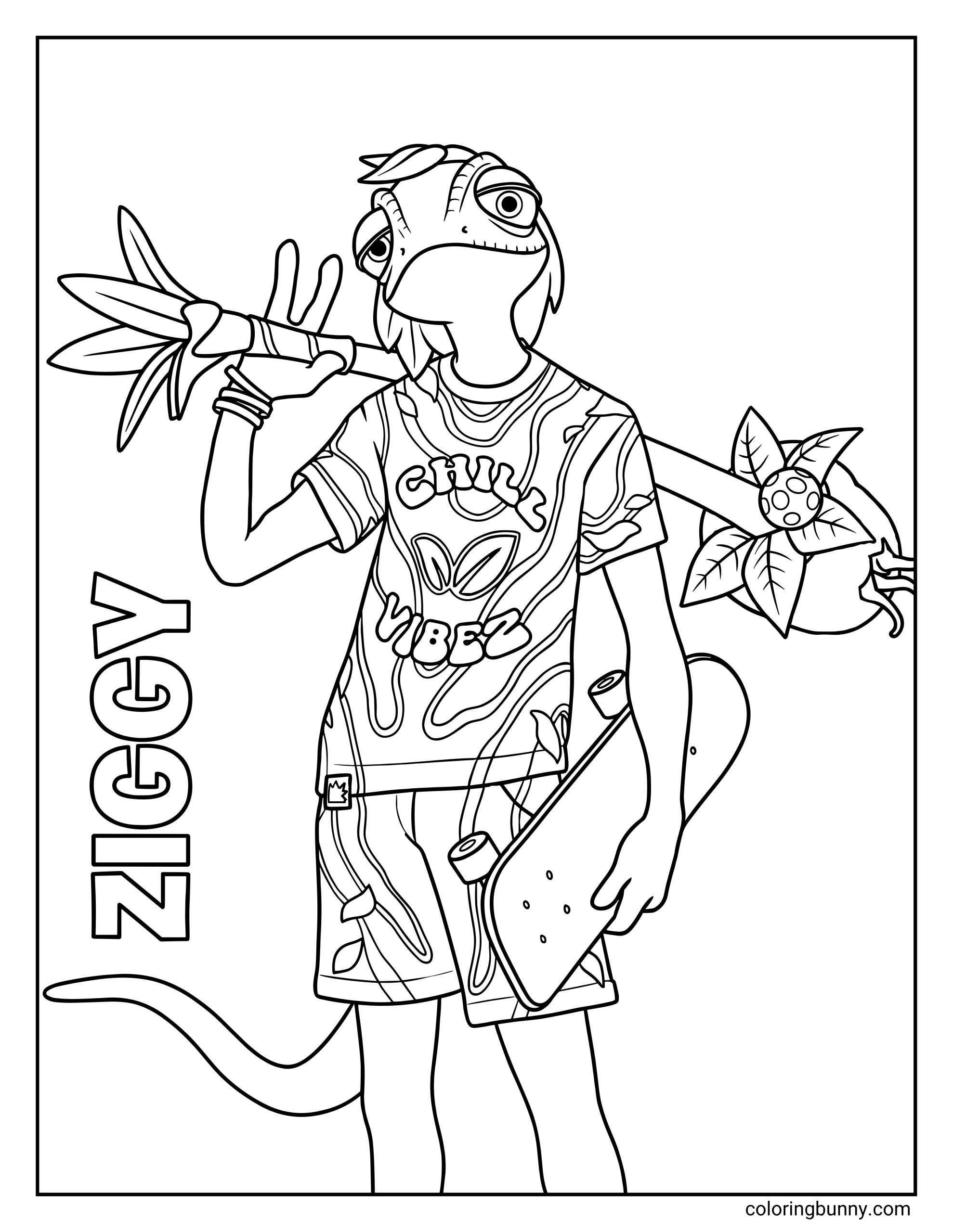 A Fortnite coloring sheet of the character Ziggy holding a skateboard and a bamboo staff, wearing a shirt that says "CHILL VIBEZ" next to his name.