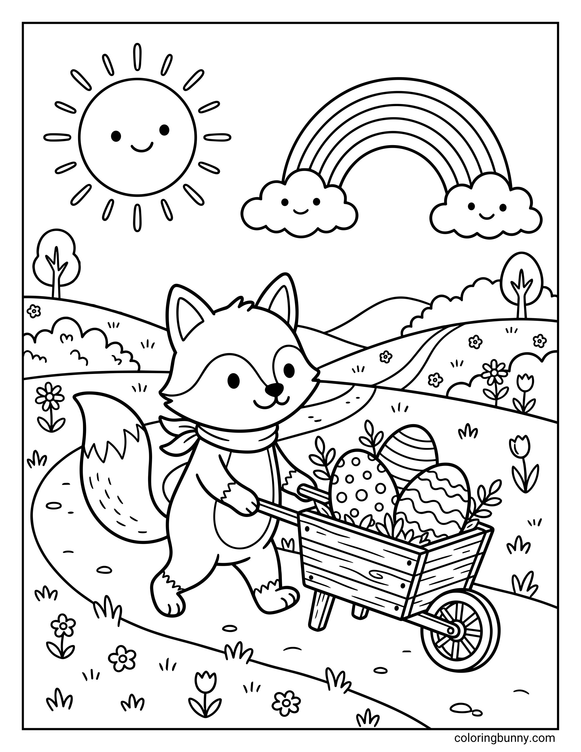A fun Easter coloring sheet of a happy little fox wearing a neckerchief, pushing a wooden wheelbarrow loaded with large, decorated Easter eggs down a nature trail, complete with a bright sun and rainbow in the sunny sky.
