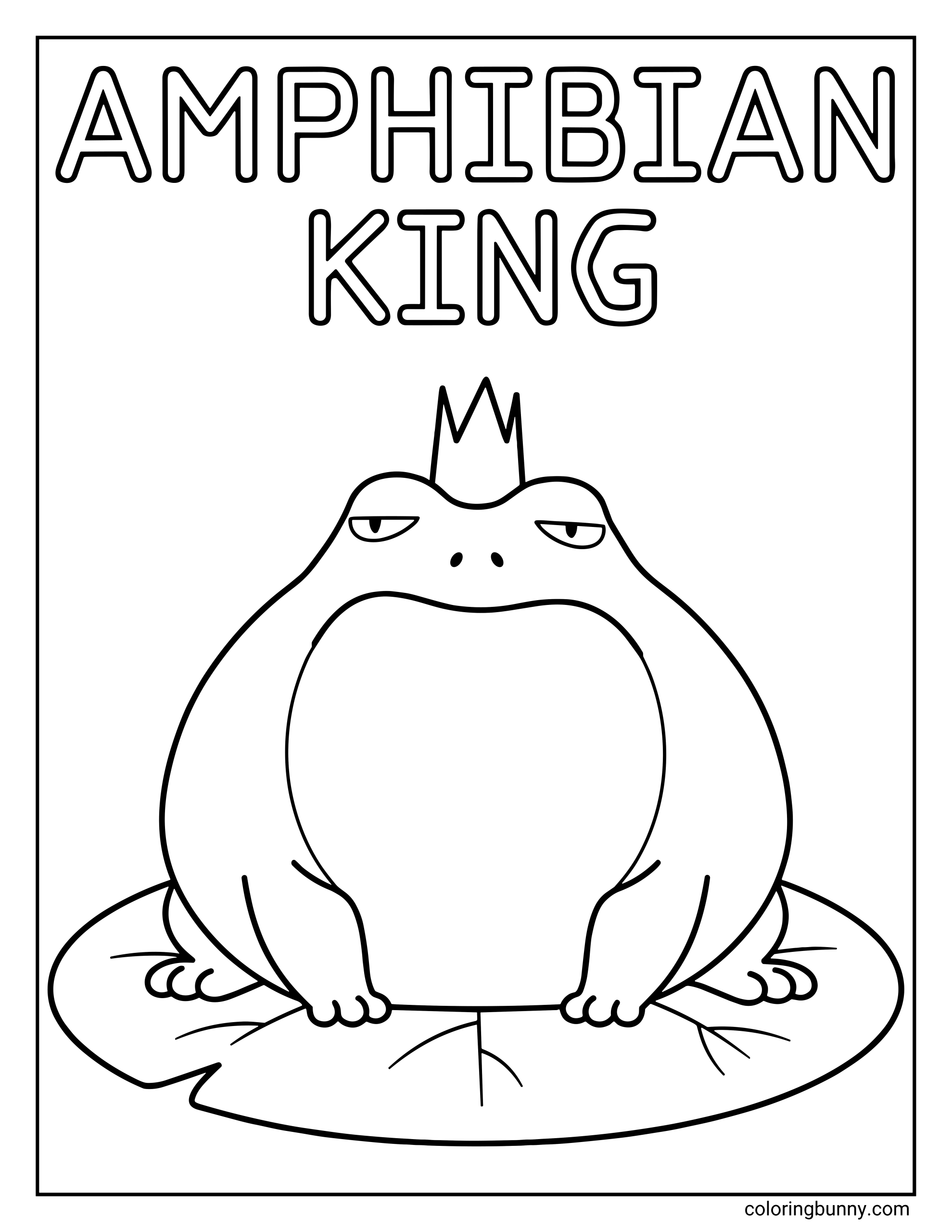 A Hoppers coloring page featuring the Amphibian King, a large frog wearing a crown and sitting proudly on a lily pad. The title “Amphibian King” appears above him as he rests with a calm, confident expression.