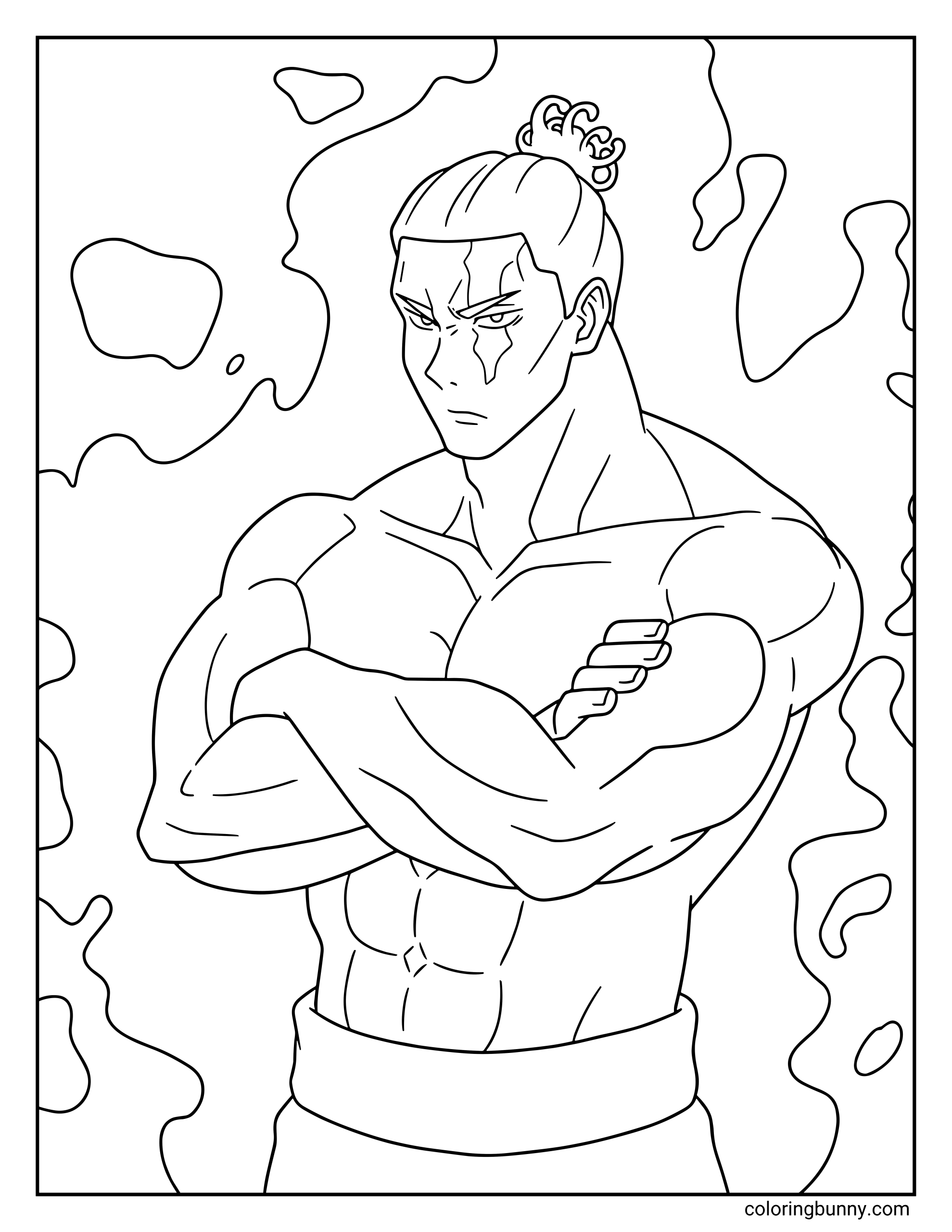 A Jujutsu Kaisen coloring page featuring Aoi Todo, the powerful Kyoto Jujutsu High sorcerer, standing with his arms crossed and a serious expression. His muscular build, tied-up hair, and distinctive facial scar are visible as cursed energy swirls around him, highlighting the intimidating presence of the sorcerer known for his immense strength and battle instincts.