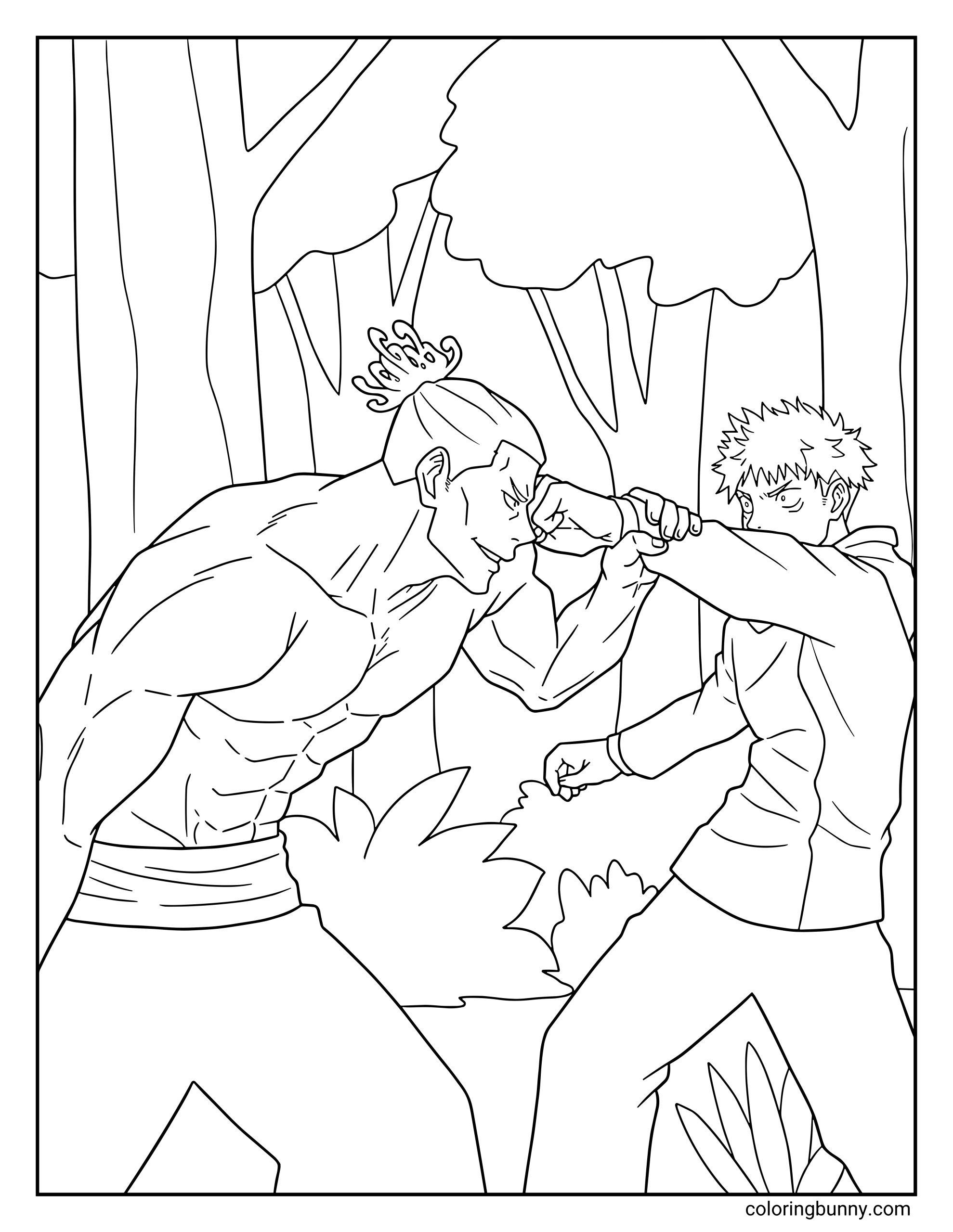 A Jujutsu Kaisen coloring page featuring Aoi Todo sparring with Yuji Itadori in a forest setting, capturing the intense training battle between the two powerful fighters. Todo throws a heavy punch while Yuji blocks and prepares to counter, showing the moment their friendly rivalry helped Yuji grow stronger as a sorcerer.