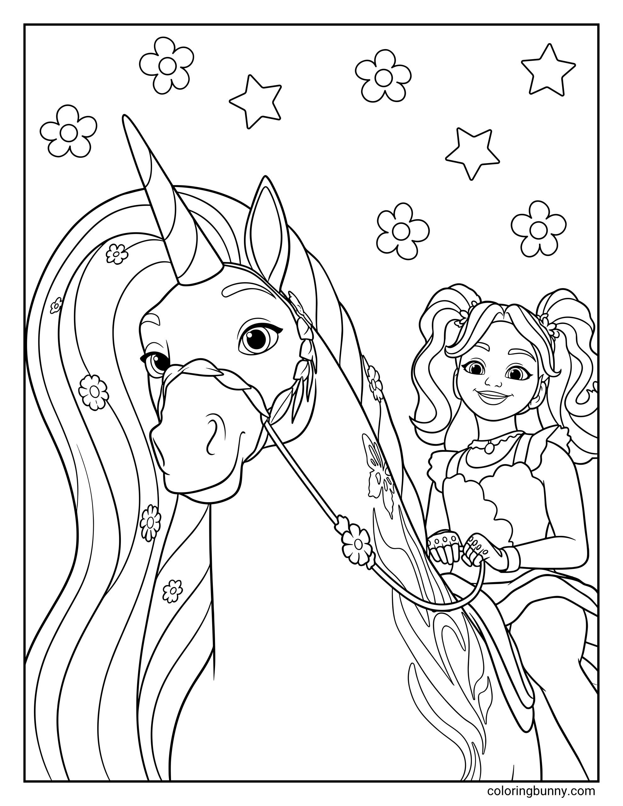 Ava and Leaf Unicorn Academy coloring page showing Leaf the unicorn with a braided mane and Ava with pigtails riding him, surrounded by four floating flowers and four stars.