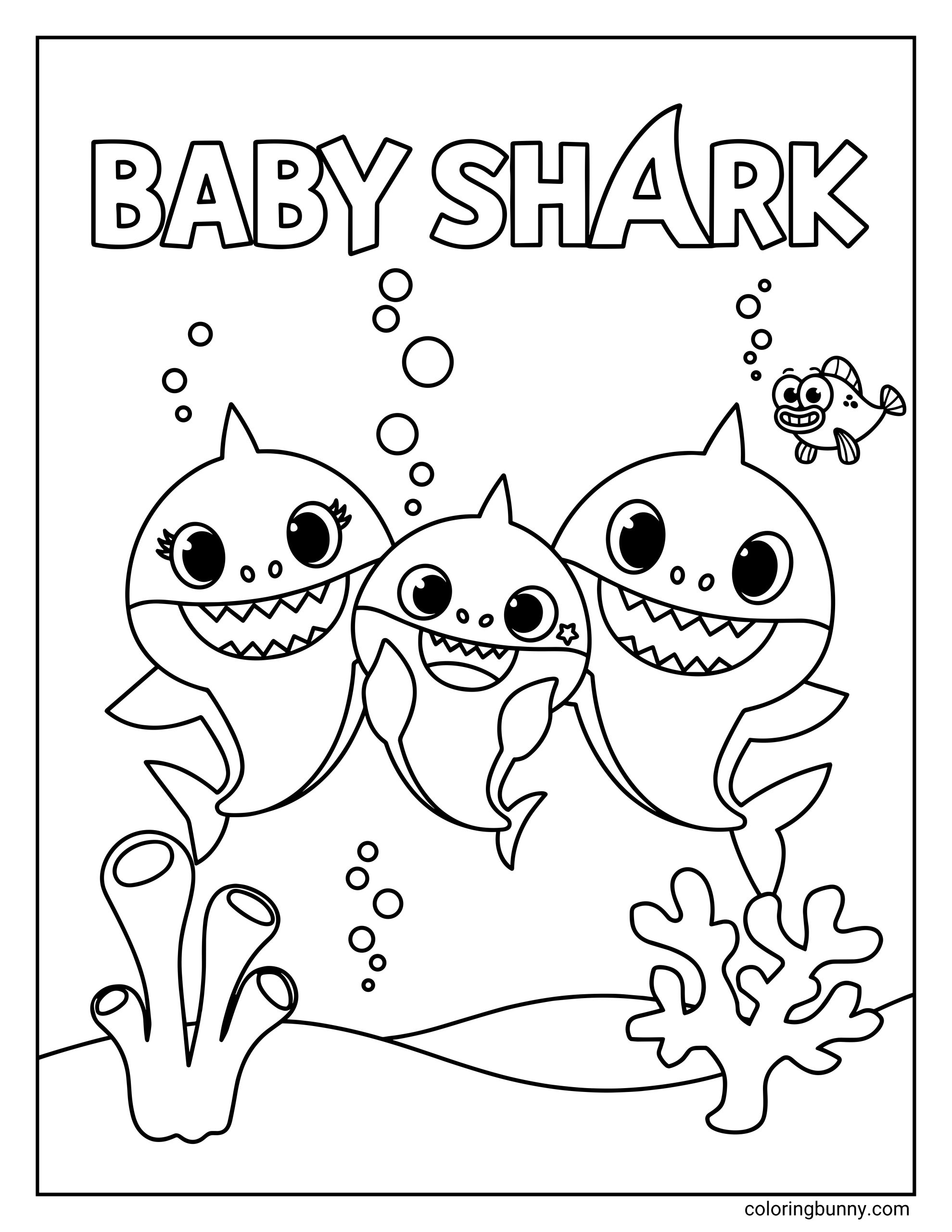 A coloring page of Baby Shark with Mommy Shark and Daddy Shark in an underwater scene, featuring three cartoon sharks grouped together with bubbles, coral, and a small fish near the top right.