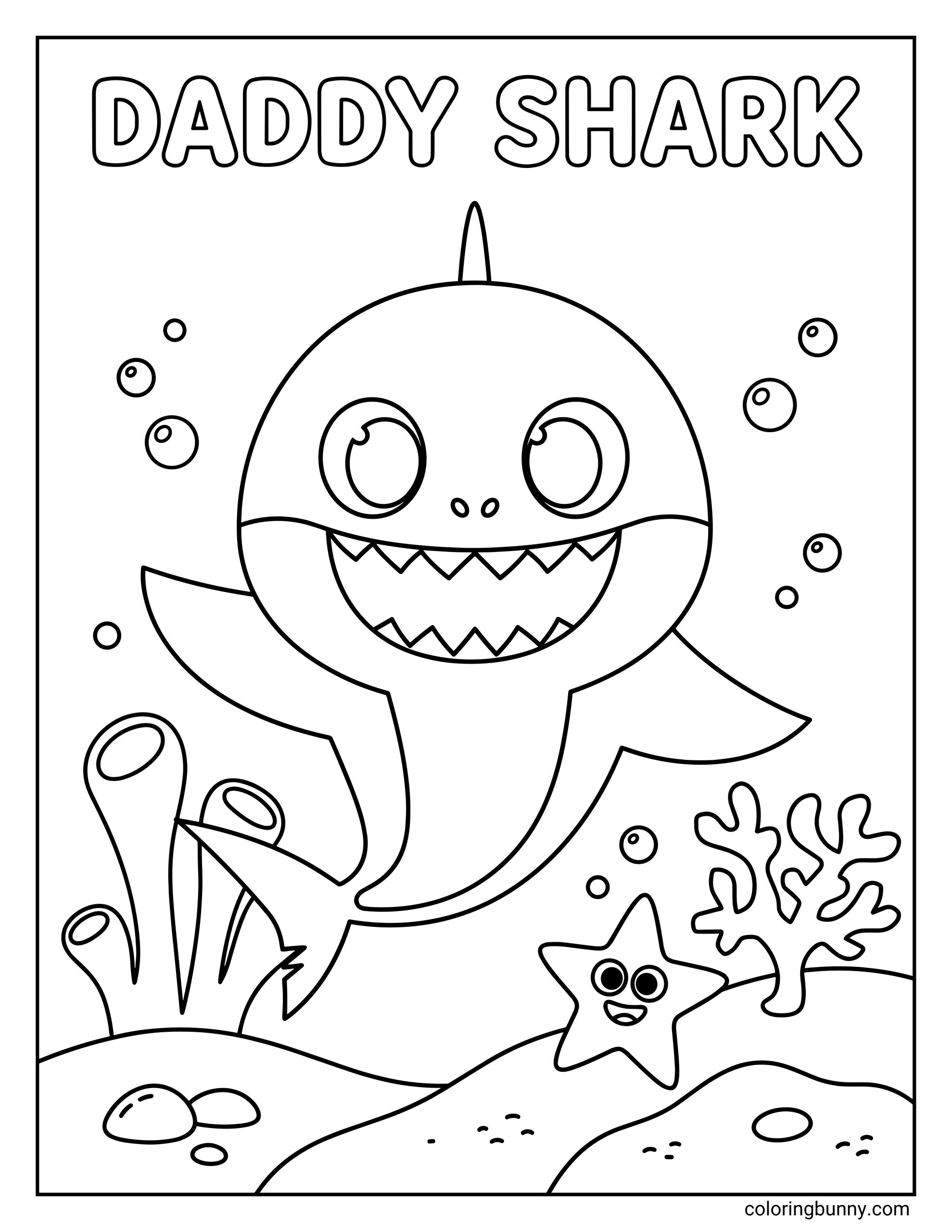 A coloring page of Daddy Shark from Baby Shark swimming above the seabed, surrounded by bubbles, sea plants, coral, stones, and a smiling starfish in black-and-white line art.
